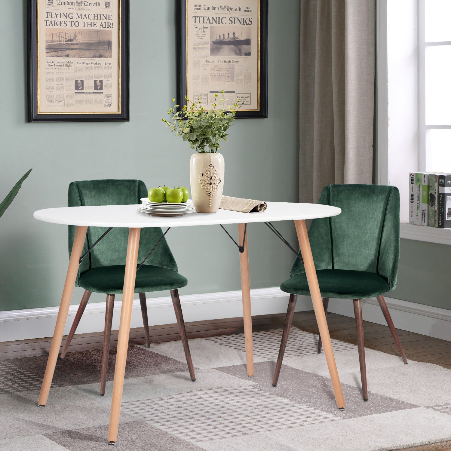 Homy Casa MICK 3PC Dining Set 47” Oval White Dining Table with 2 Smeg Dark Green Velvet Dining Chairs