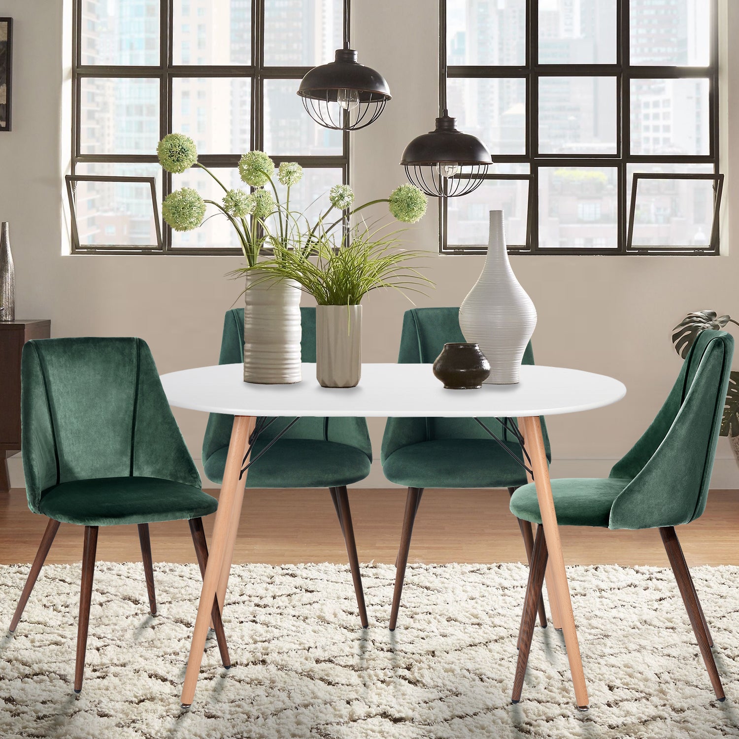 Homy Casa MICK 5PC Oval Dining Set 47" Matte White Table with 4 Smeg Dark Green Velvet Chairs Scandinavian Style