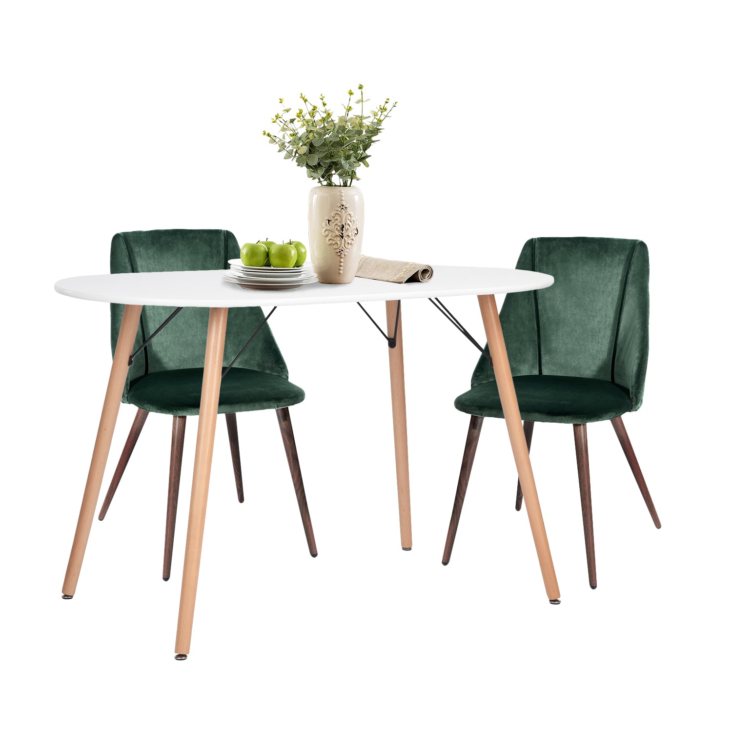 Homy Casa MICK 3PC Dining Set 47” Oval White Dining Table with 2 Smeg Dark Green Velvet Dining Chairs