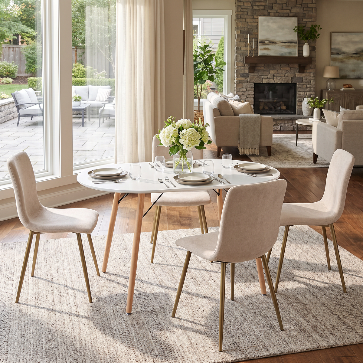 Homy Casa MICK+SCARGILL 5PC Dining Set 47.2" Oval Table with 4 Beige Upholstered Dining Chairs Open Box