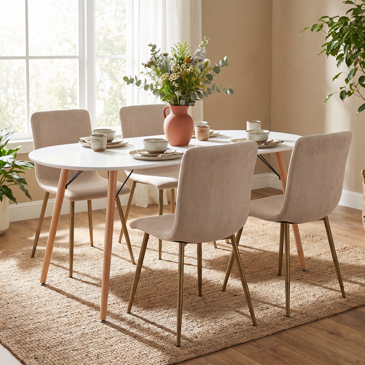 Homy Casa MICK+SCARGILL 5PC Dining Set 47.2" Oval Table with 4 Beige Upholstered Dining Chairs Open Box