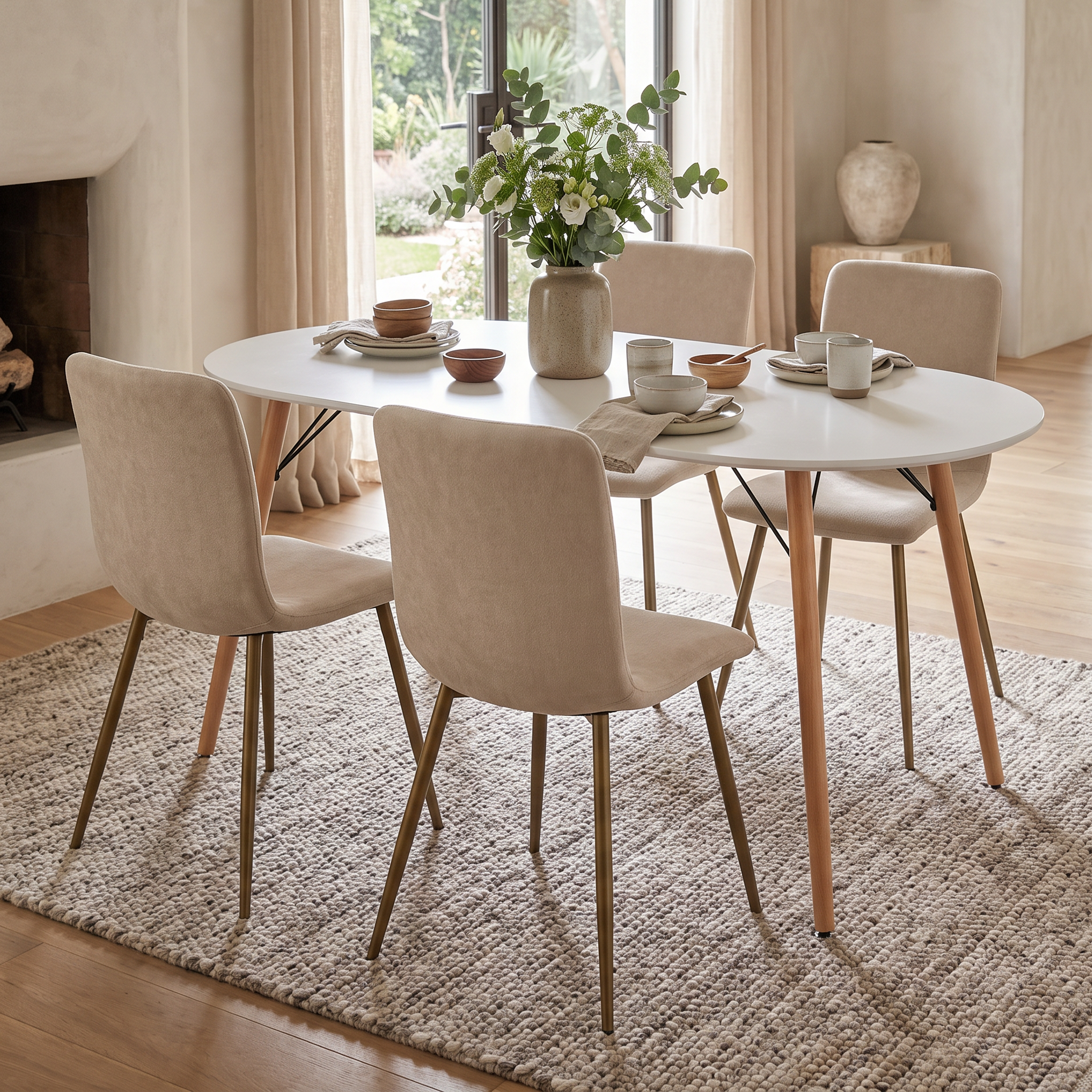 Homy Casa MICK+SCARGILL 5PC Dining Set 47.2" Oval Table with 4 Beige Upholstered Dining Chairs Open Box
