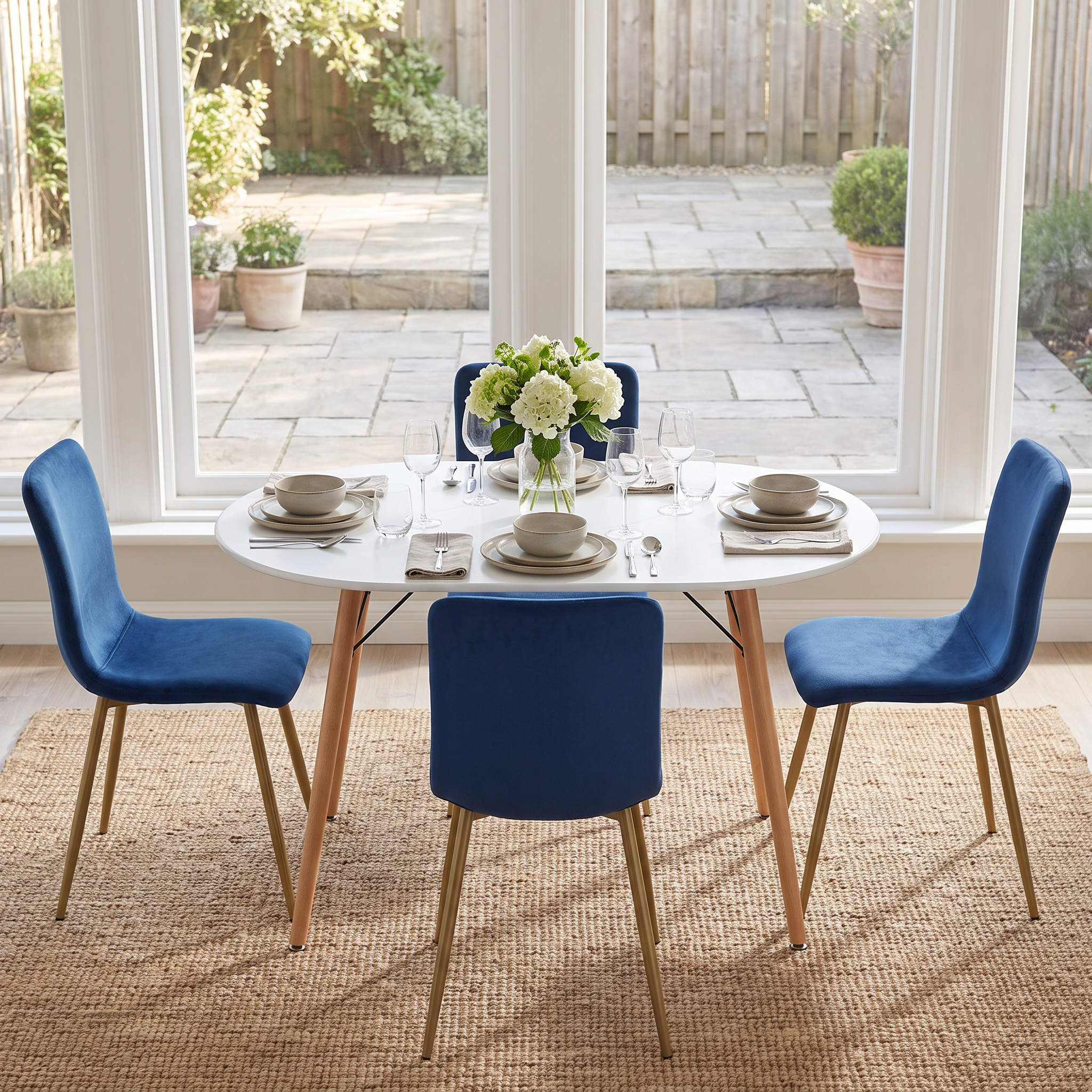 Homy Casa MICK+SCARGILL 5PC Dining Set 47.2” Oval Table with 4 Scargill Blue Fabric Dining Chairs Open Box
