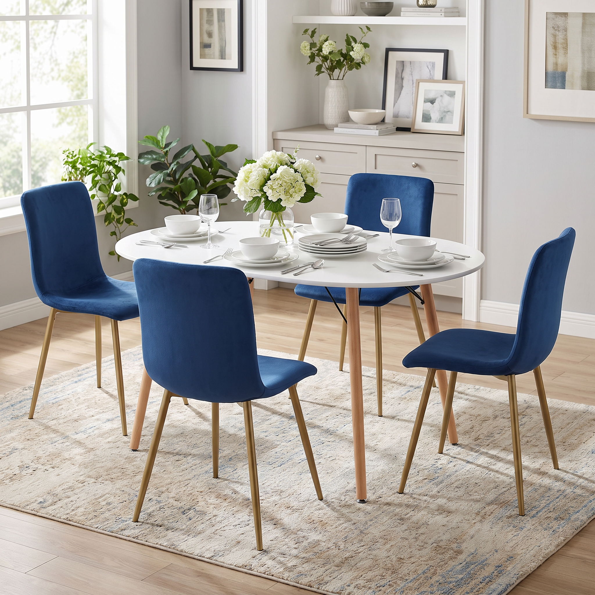 Homy Casa MICK+SCARGILL 5PC Dining Set 47.2” Oval Table with 4 Scargill Blue Fabric Dining Chairs Open Box
