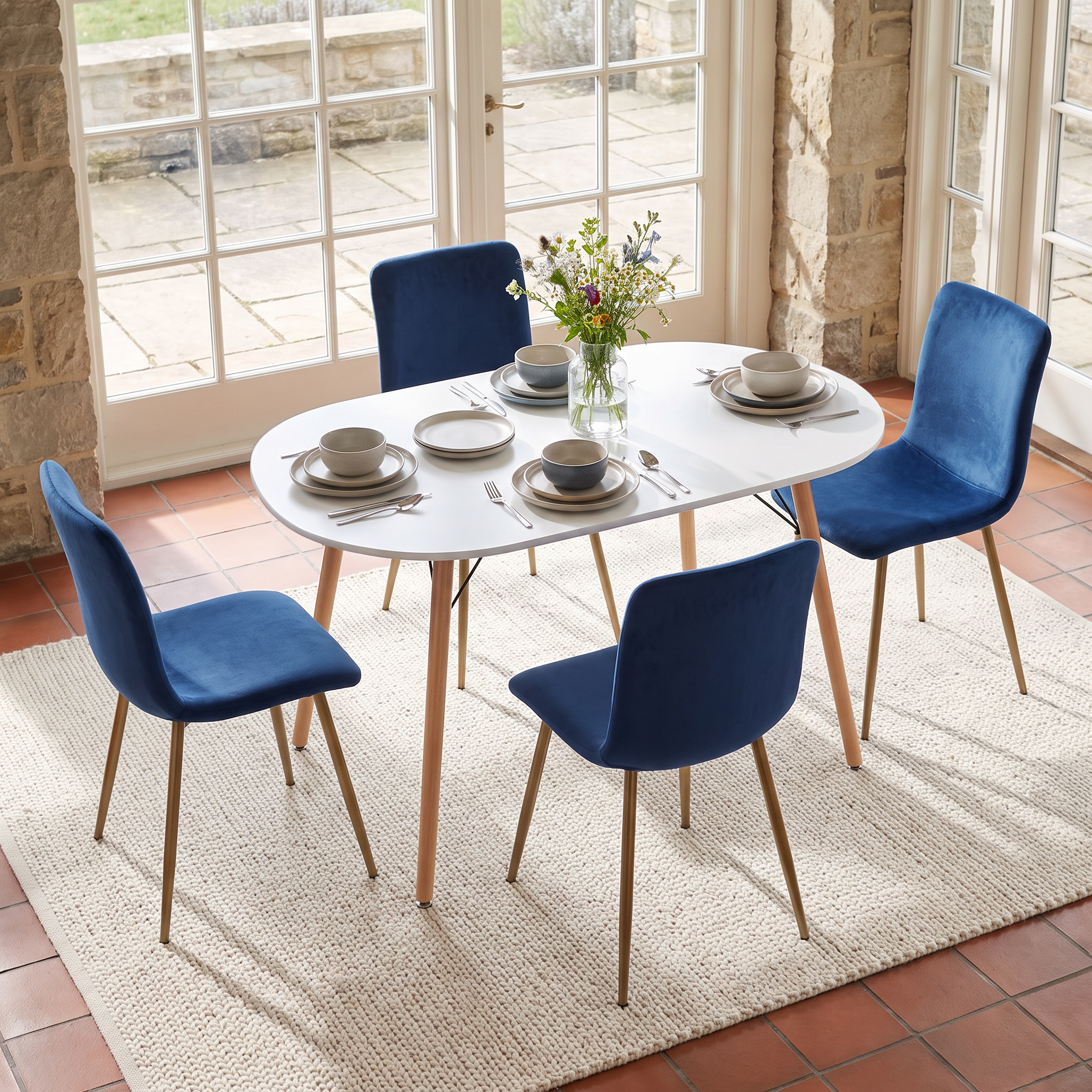 Homy Casa MICK+SCARGILL 5PC Dining Set 47.2” Oval Table with 4 Scargill Blue Fabric Dining Chairs Open Box