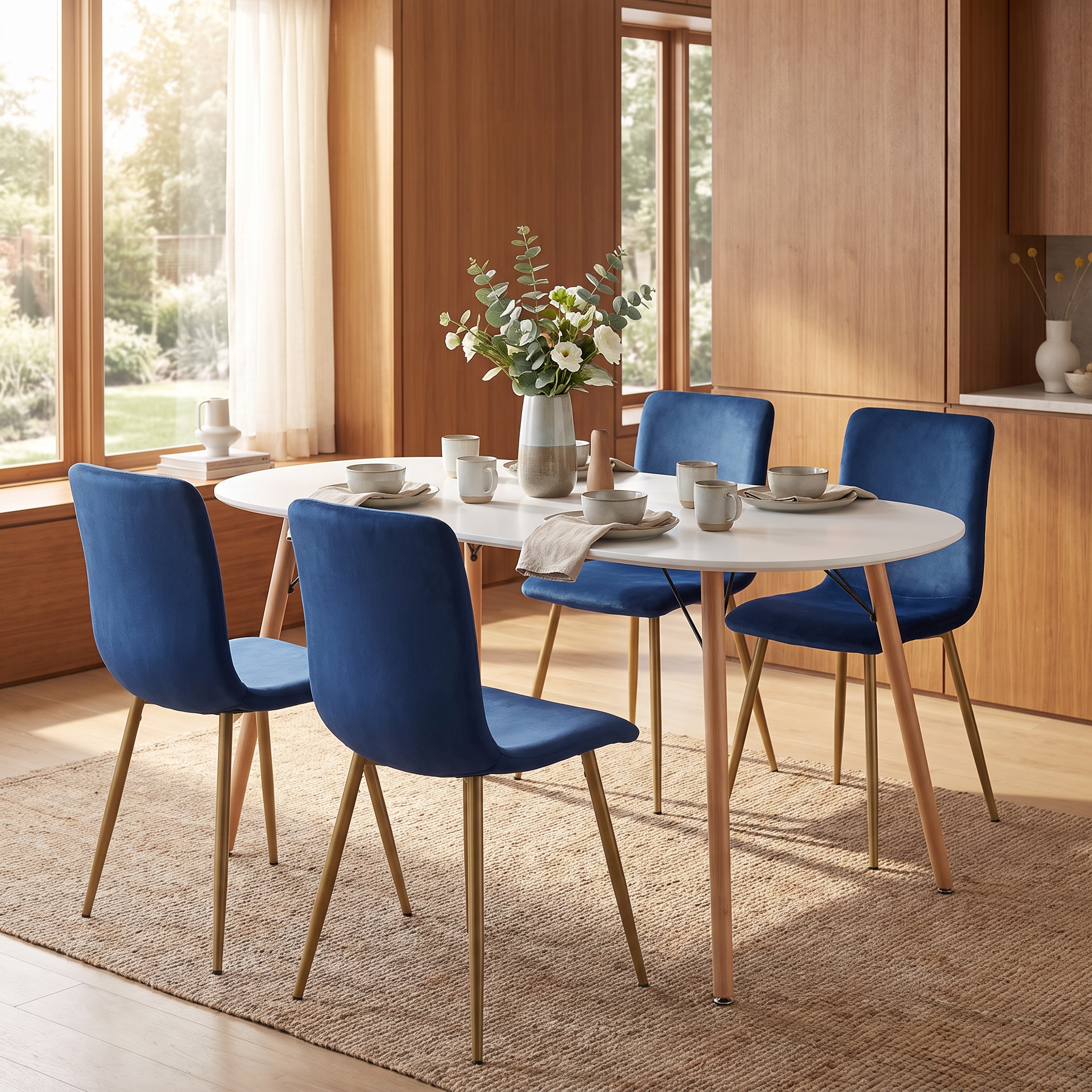 Homy Casa MICK+SCARGILL 5PC Dining Set 47.2” Oval Table with 4 Scargill Blue Fabric Dining Chairs Open Box