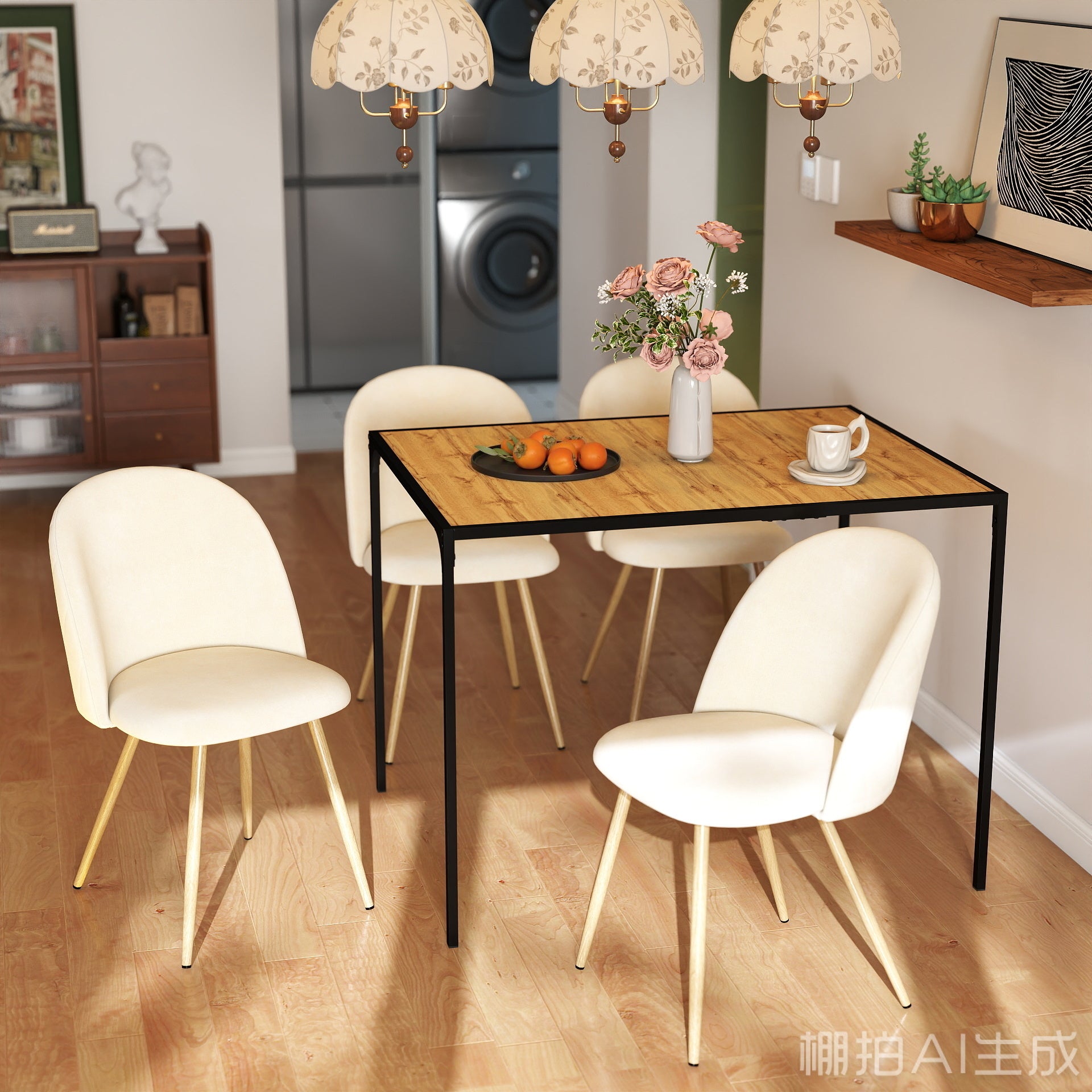 Homy Casa PUZ Modern Fabric Upholstered Dining Chairs with Metal Legs Set of 2,Cream