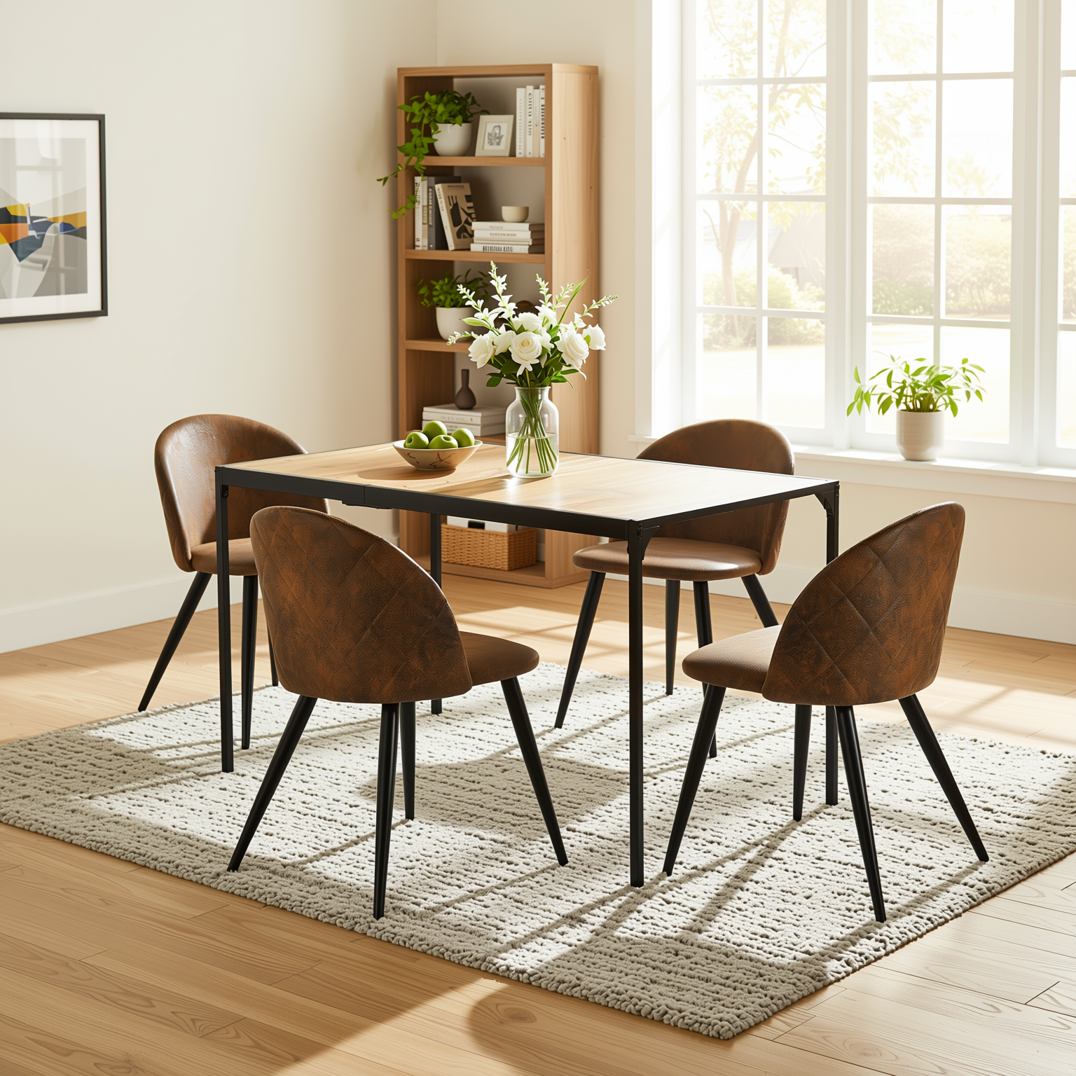 Homy Casa Milliken 5PC Dining Set 47” Oak Table with 4 Zomba Vintage Brown Upholstered Chairs