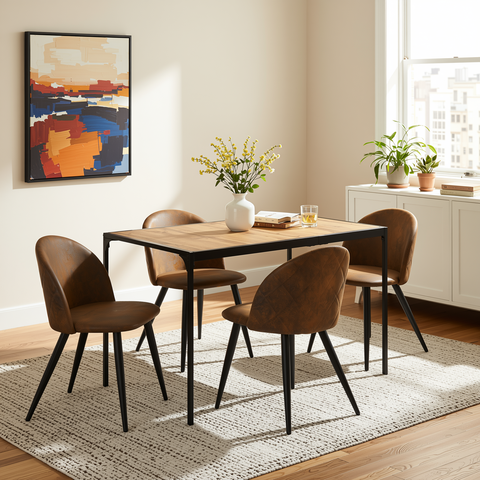Homy Casa Milliken 5PC Dining Set 47” Oak Table with 4 Zomba Vintage Brown Upholstered Chairs