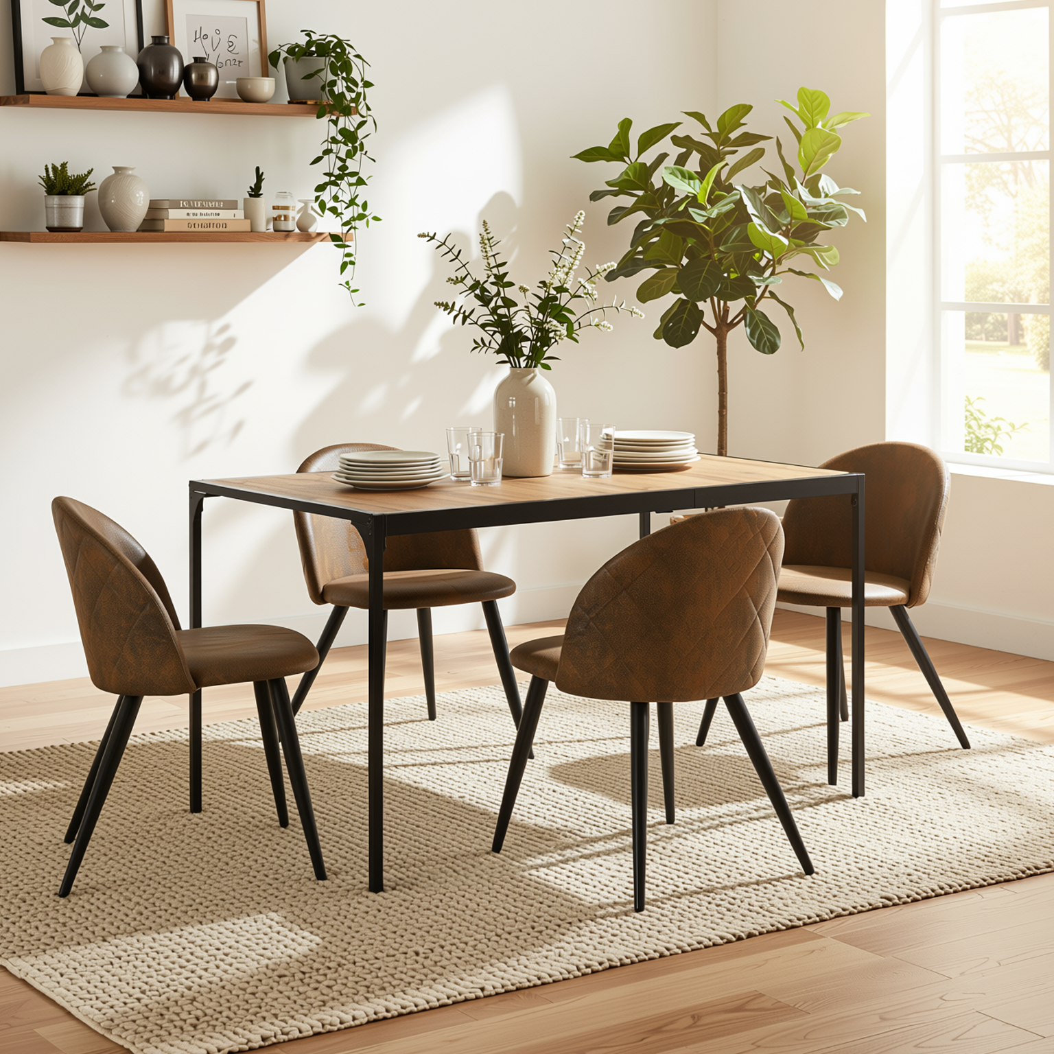 Homy Casa Milliken 5PC Dining Set 47” Oak Table with 4 Zomba Vintage Brown Upholstered Chairs