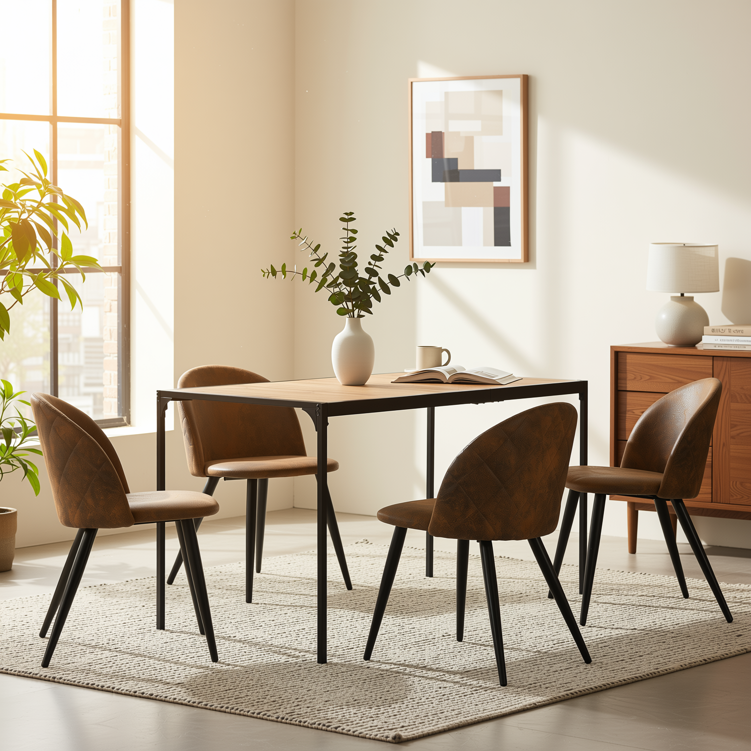 Homy Casa Milliken 5PC Dining Set 47” Oak Table with 4 Zomba Vintage Brown Upholstered Chairs