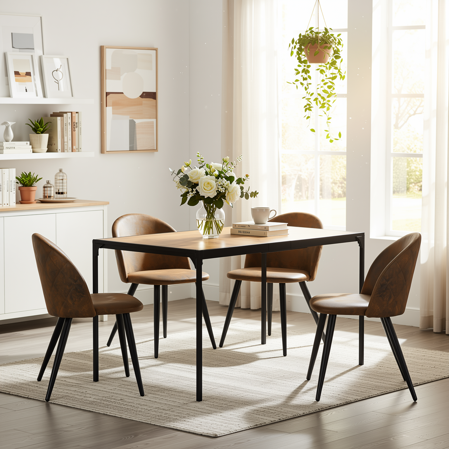 Homy Casa Milliken 5PC Dining Set 47” Oak Table with 4 Zomba Vintage Brown Upholstered Chairs