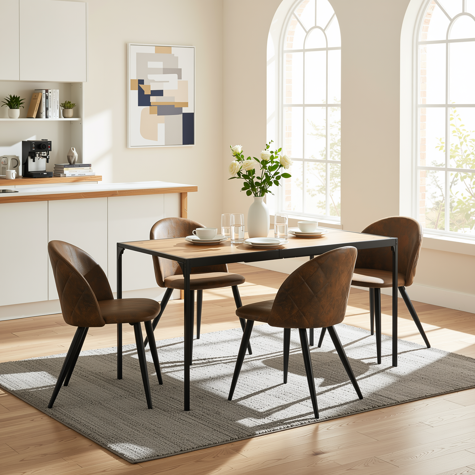 Homy Casa Milliken 5PC Dining Set 47” Oak Table with 4 Zomba Vintage Brown Upholstered Chairs