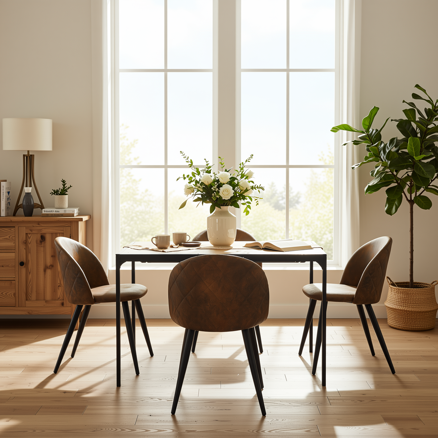 Homy Casa Milliken 5PC Dining Set 47” Oak Table with 4 Zomba Vintage Brown Upholstered Chairs