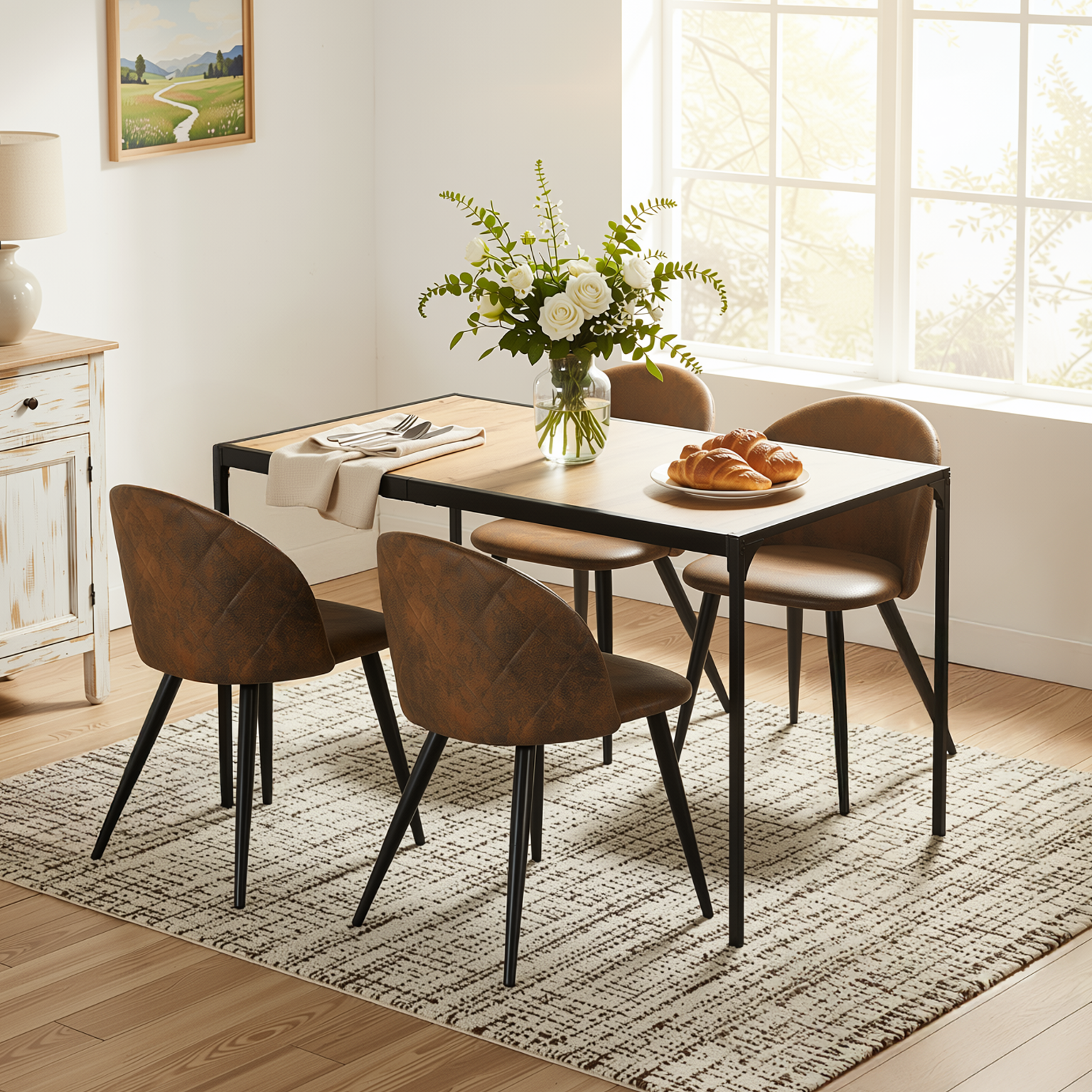 Homy Casa Milliken 5PC Dining Set 47” Oak Table with 4 Zomba Vintage Brown Upholstered Chairs