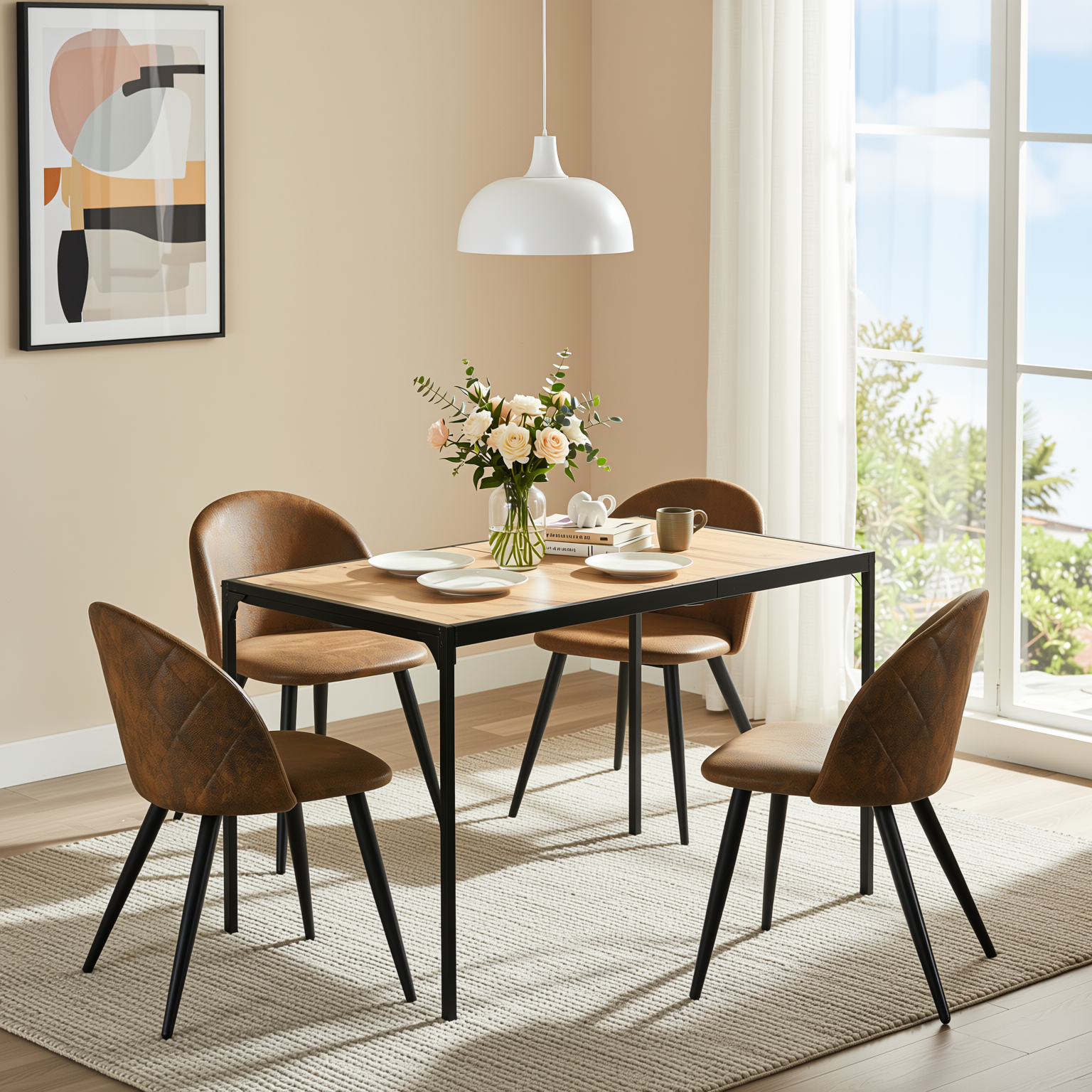 Homy Casa Milliken 5PC Dining Set 47” Oak Table with 4 Zomba Vintage Brown Upholstered Chairs