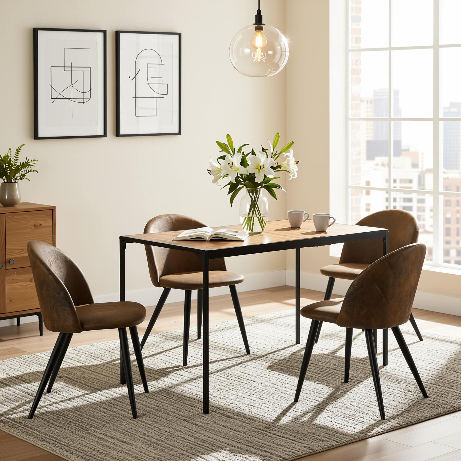 Homy Casa Milliken 5PC Dining Set 47” Oak Table with 4 Zomba Vintage Brown Upholstered Chairs