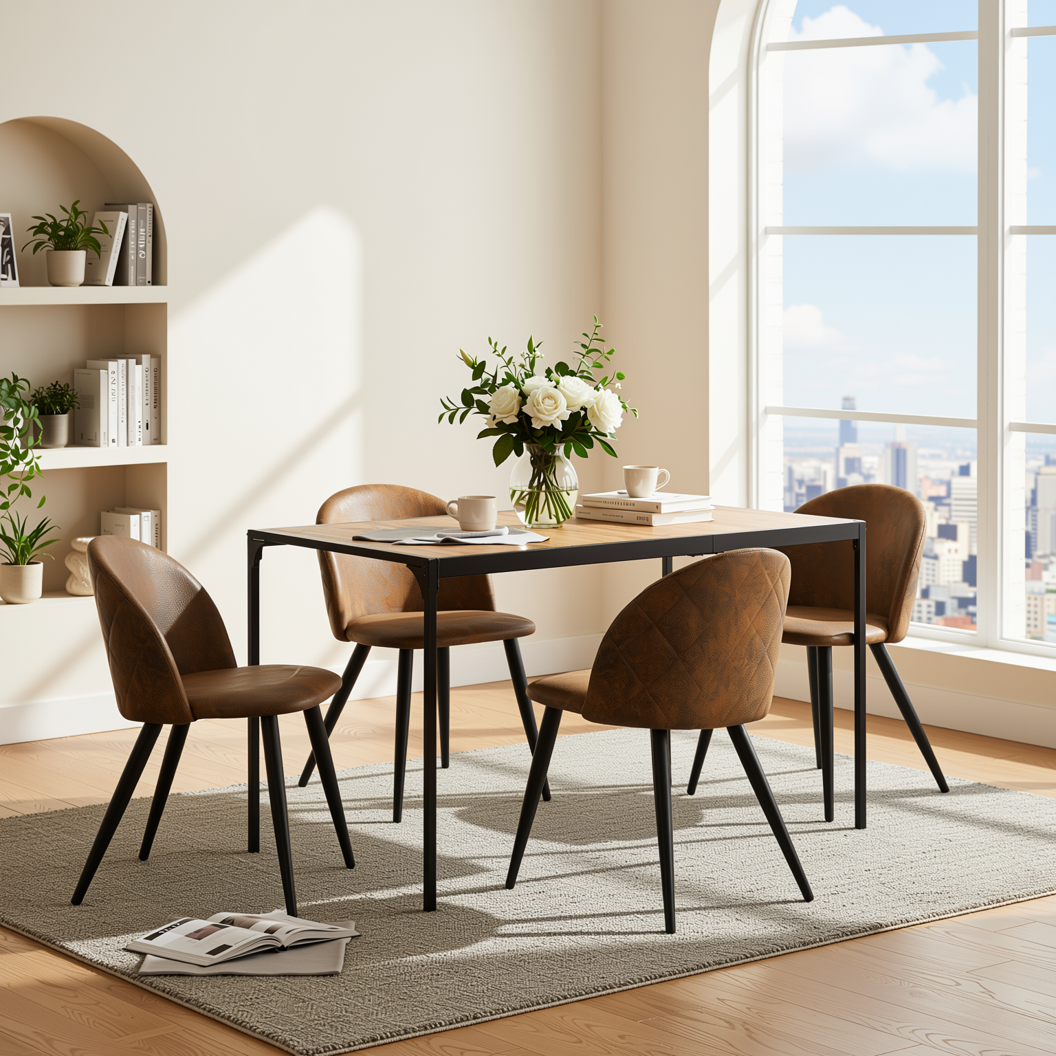Homy Casa Milliken 5PC Dining Set 47” Oak Table with 4 Zomba Vintage Brown Upholstered Chairs
