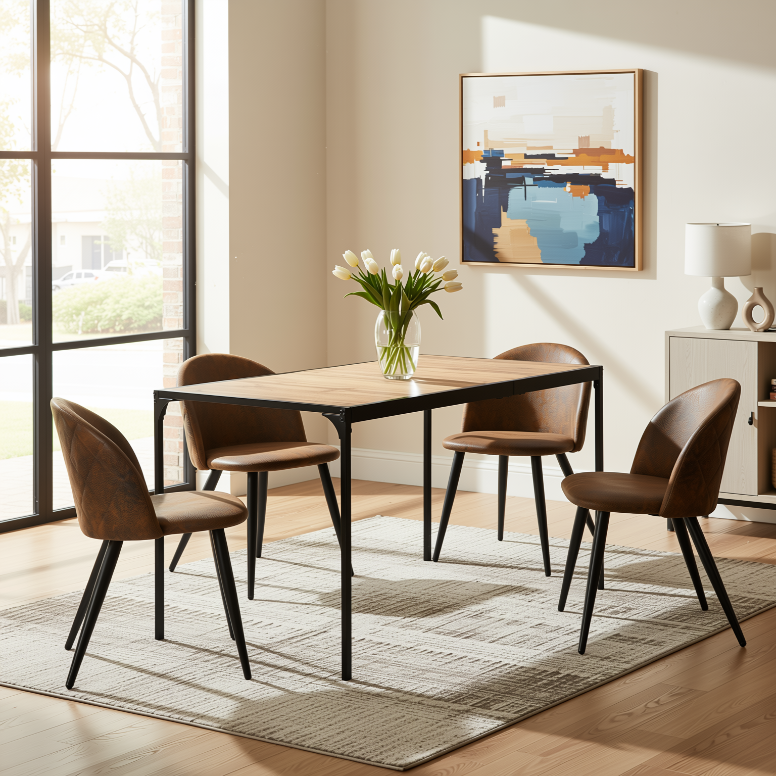 Homy Casa Milliken 5PC Dining Set 47” Oak Table with 4 Zomba Vintage Brown Upholstered Chairs
