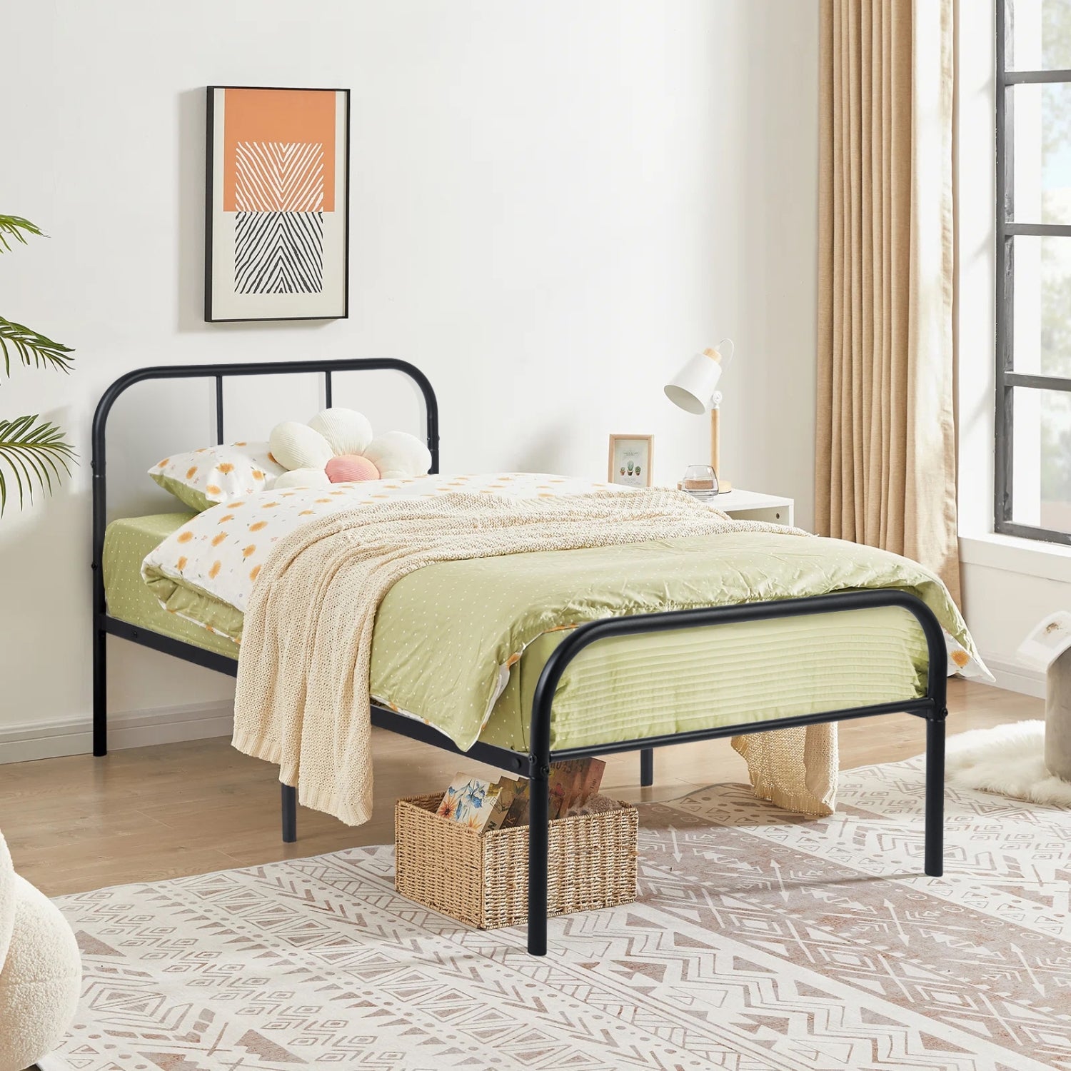 MILO Twin Metal Bed Frame with Headboard and Footboard Steel Slats No Box Spring Black