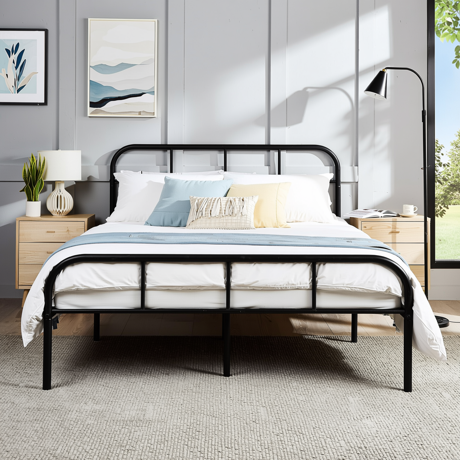 Homy Casa MILO Full Size Metal Bed Frame Matte Black Platform Bed Minimal Industrial Style