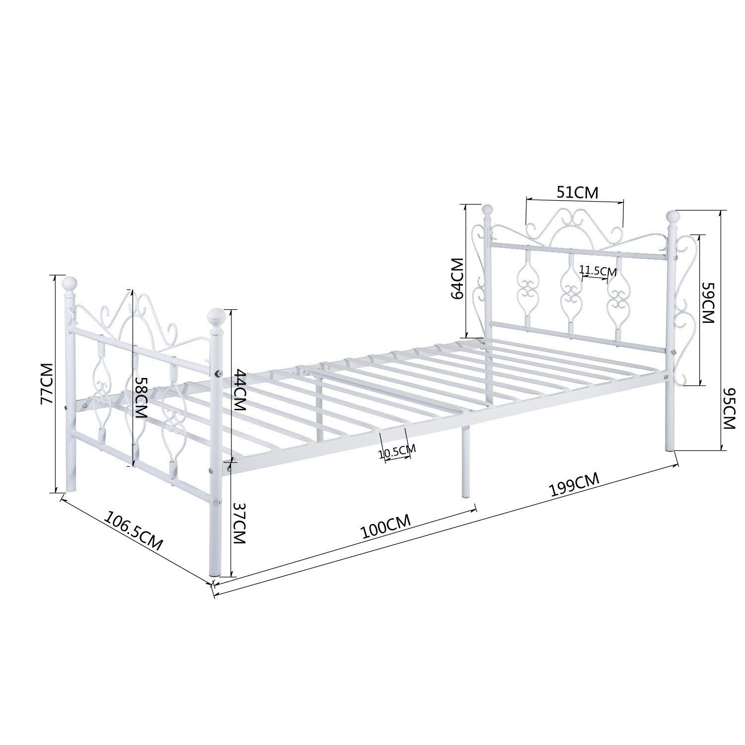 Homy Casa MIQUEL Single White Metal Bed Frame, Modern Iron Design