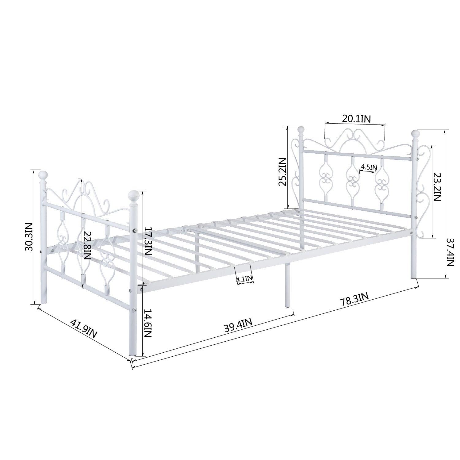 Homy Casa MIQUEL Single White Metal Bed Frame, Modern Iron Design