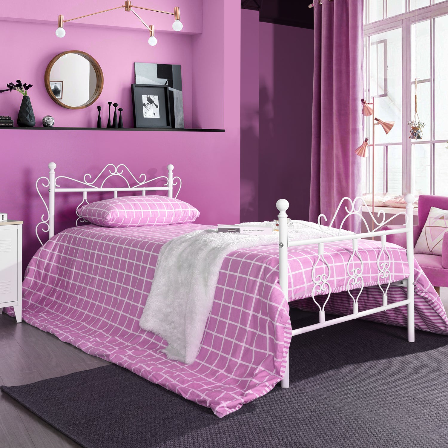 Homy Casa MIQUEL Single White Metal Bed Frame, Modern Iron Design