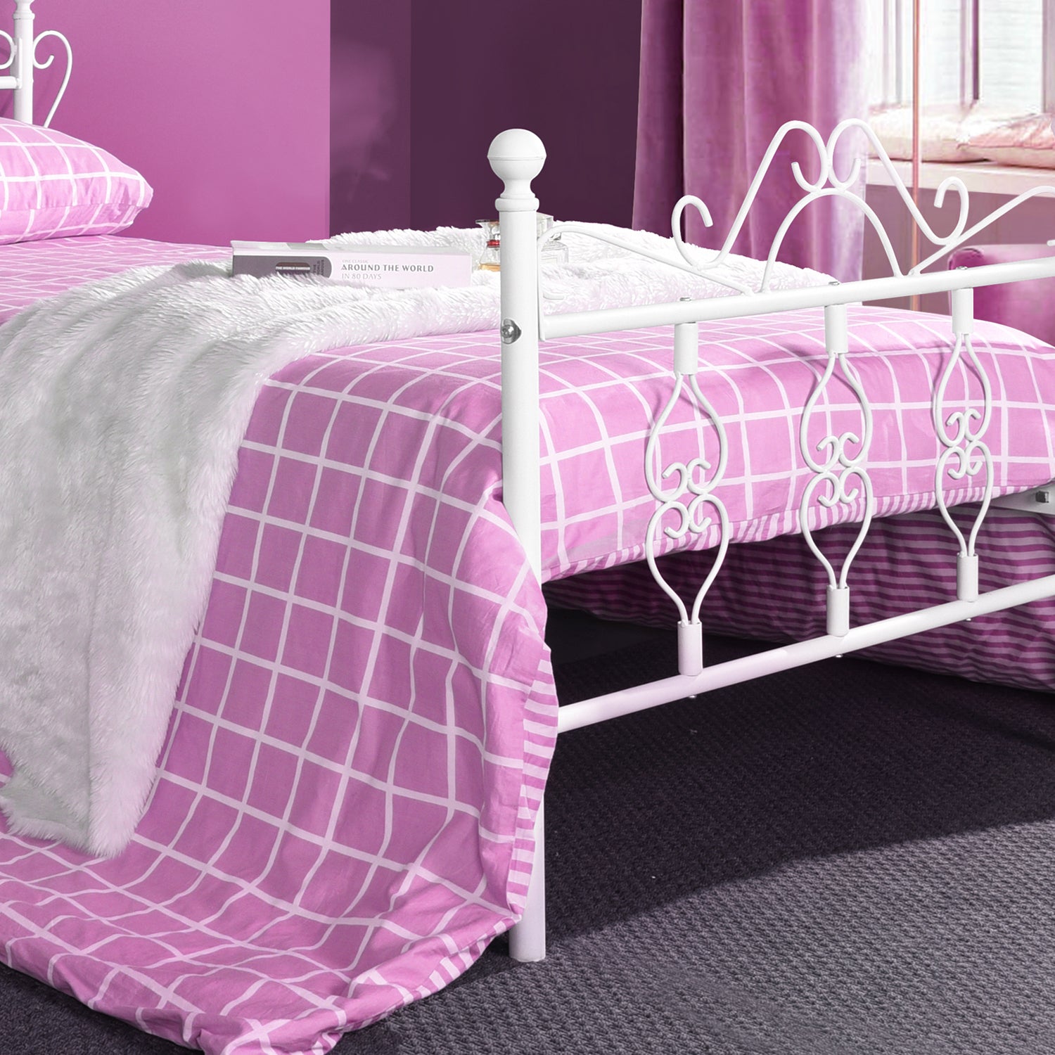 Homy Casa MIQUEL Single White Metal Bed Frame, Modern Iron Design