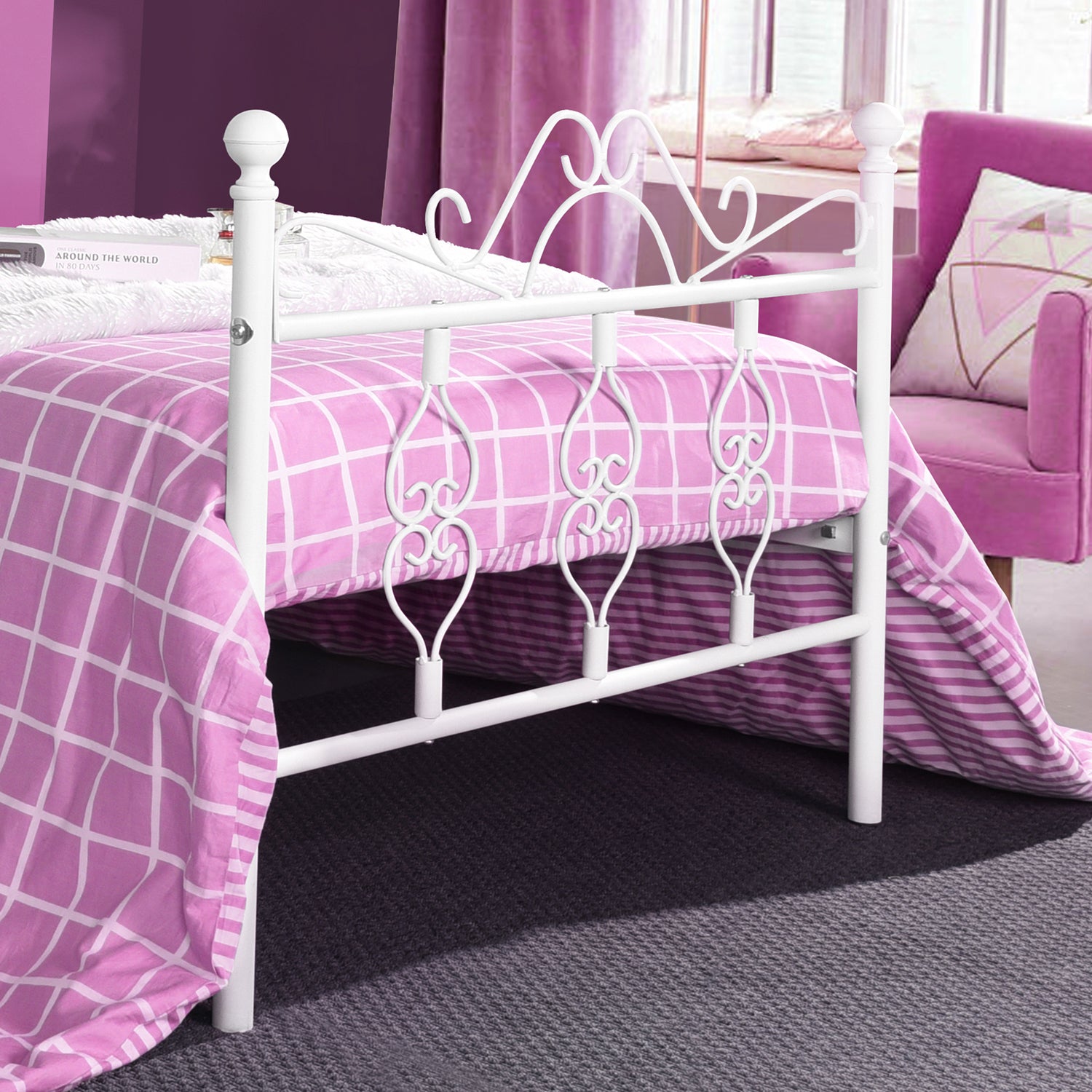 Homy Casa MIQUEL Single White Metal Bed Frame, Modern Iron Design