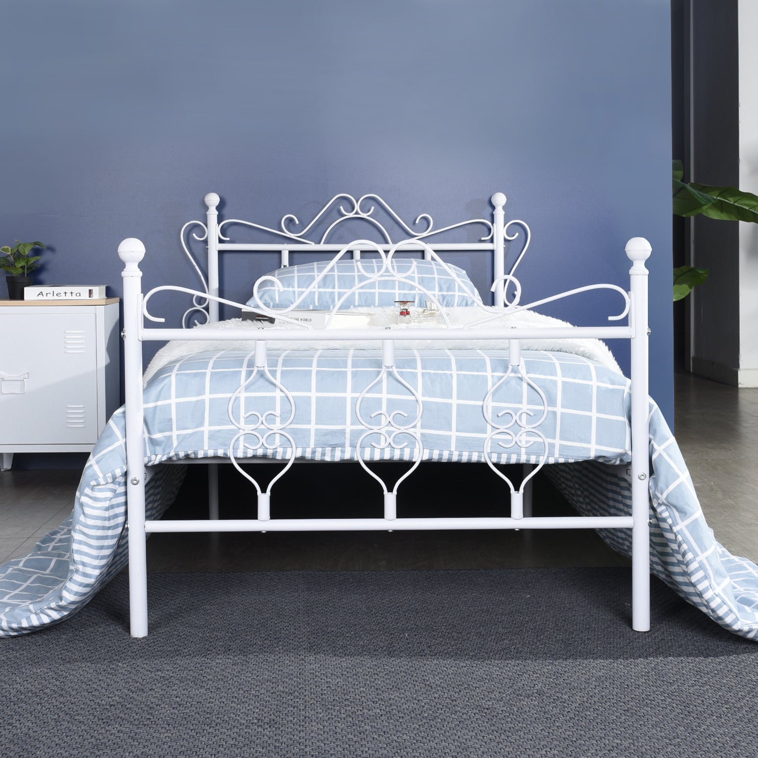 Homy Casa MIQUEL Single White Metal Bed Frame, Modern Iron Design