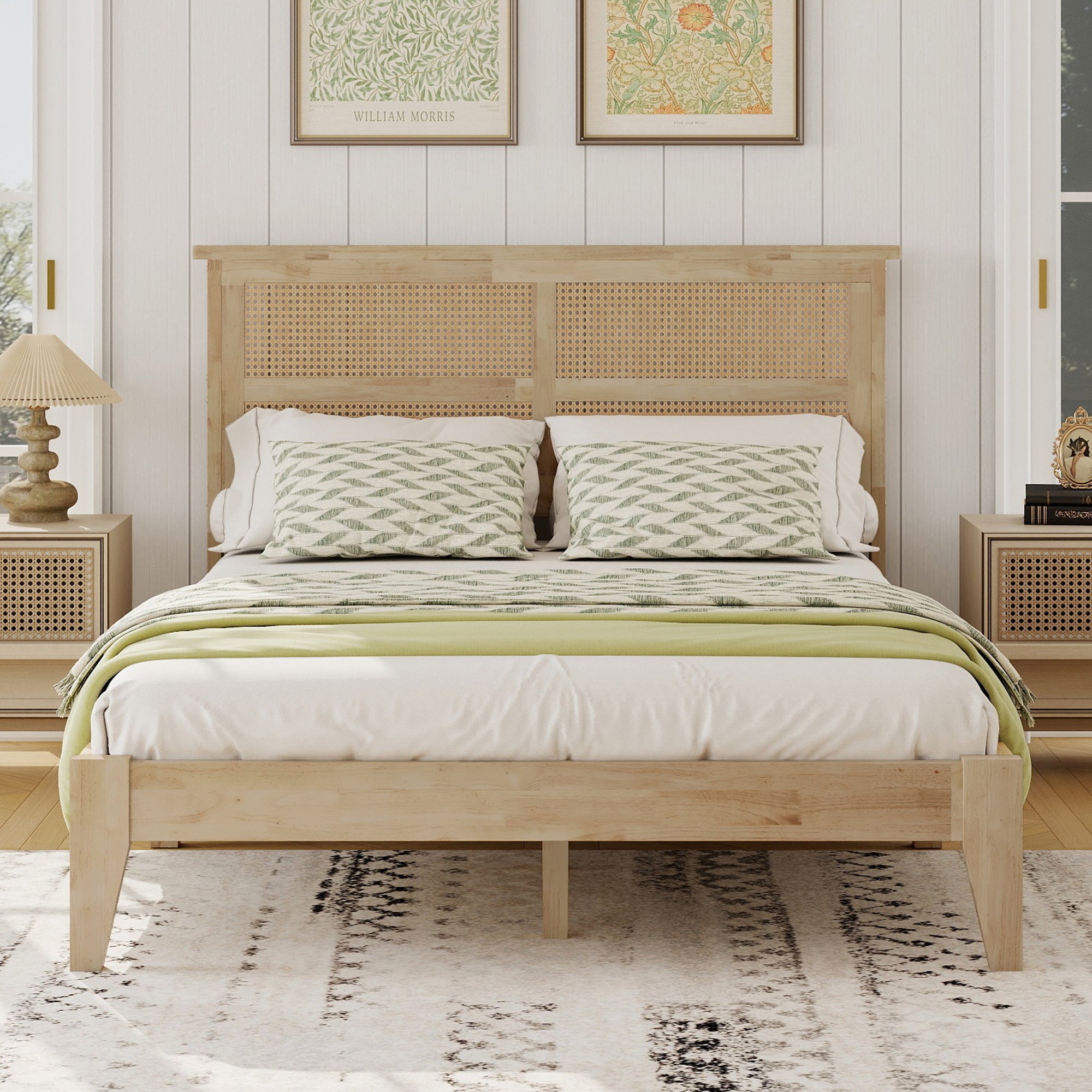 Elara Rubberwood Full Size Bed with Rattan Headboard