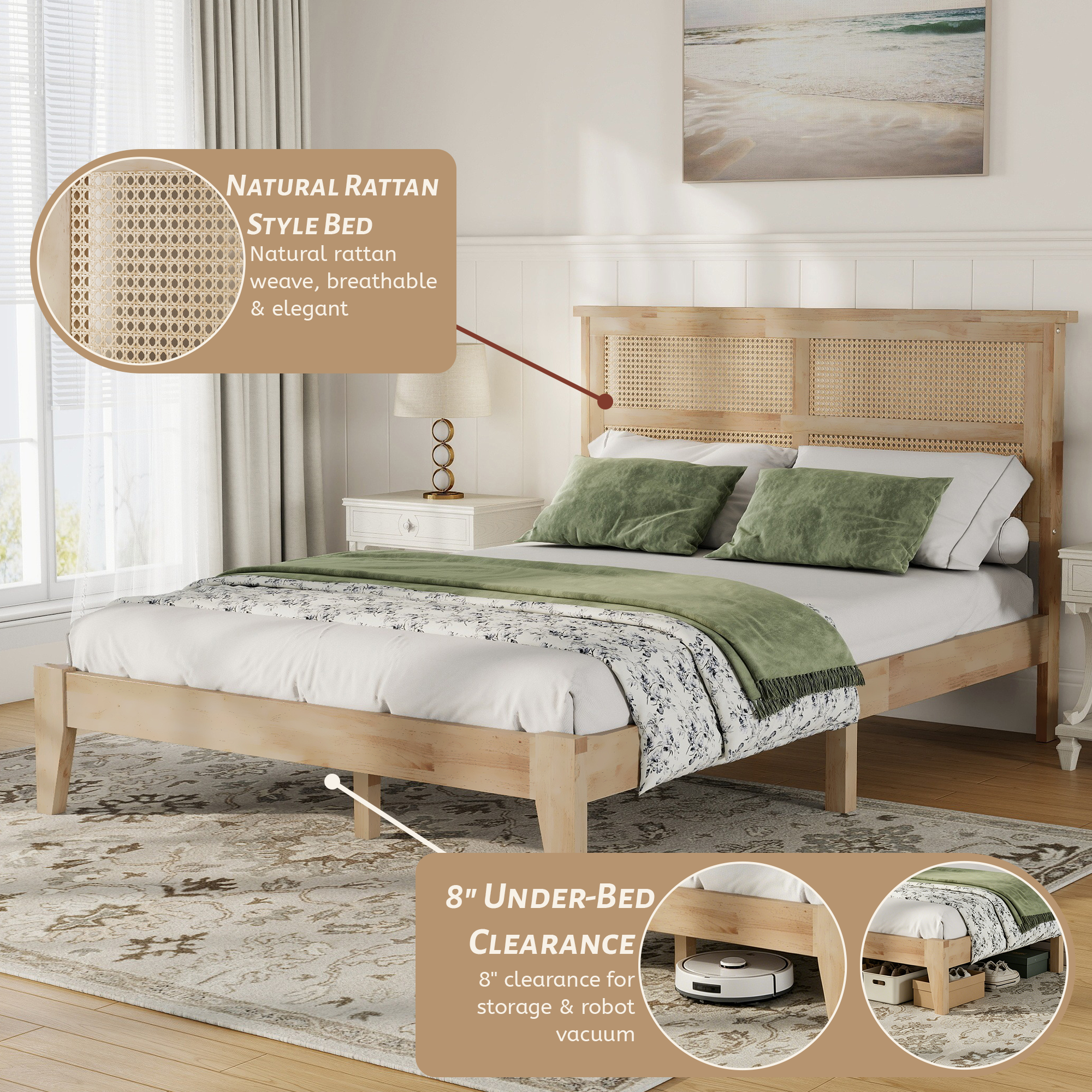 Elara Rubberwood Full Size Bed with Rattan Headboard