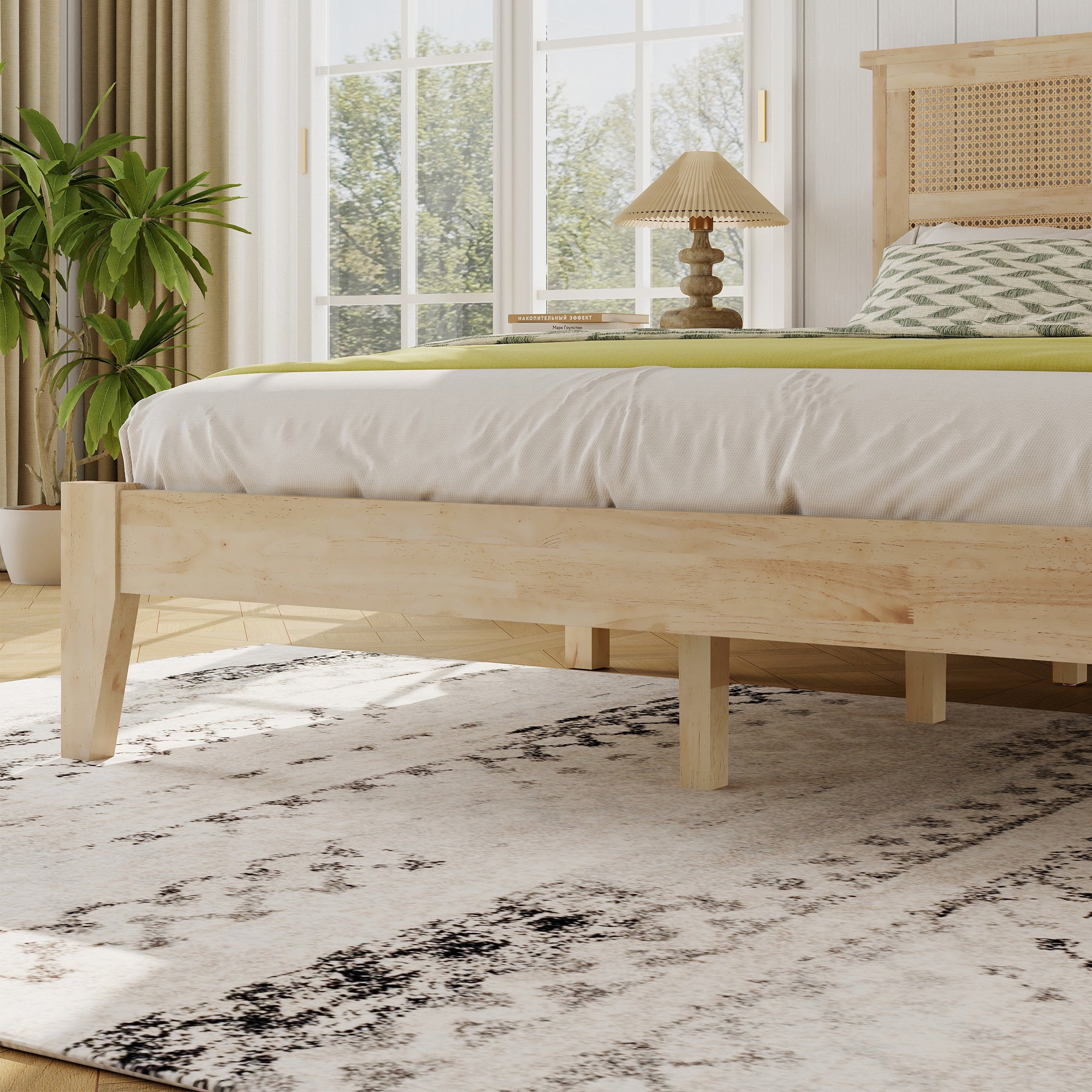 Elara Rubberwood Full Size Bed with Rattan Headboard