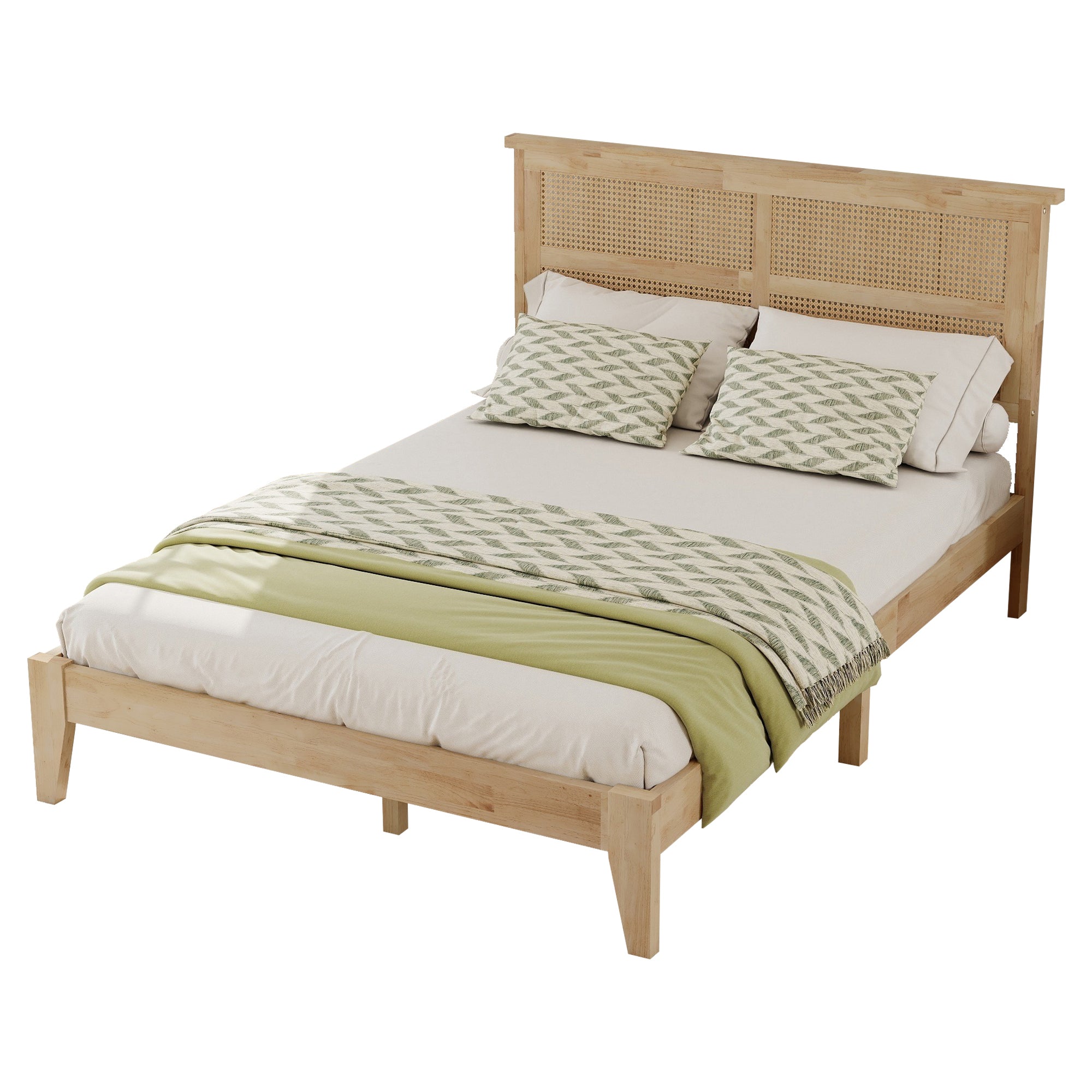 Elara Rubberwood Full Size Bed with Rattan Headboard