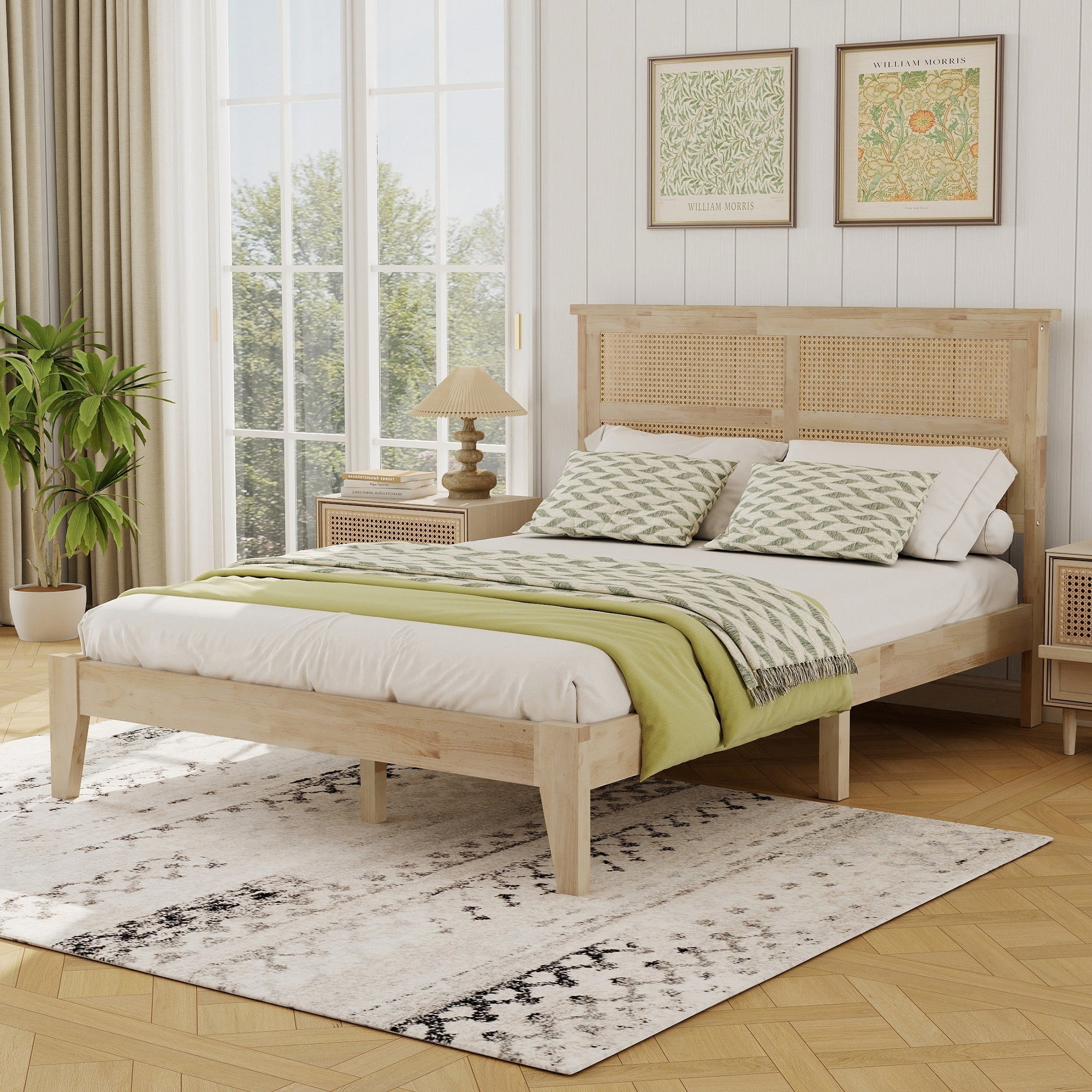 Elara Rubberwood Full Size Bed with Rattan Headboard