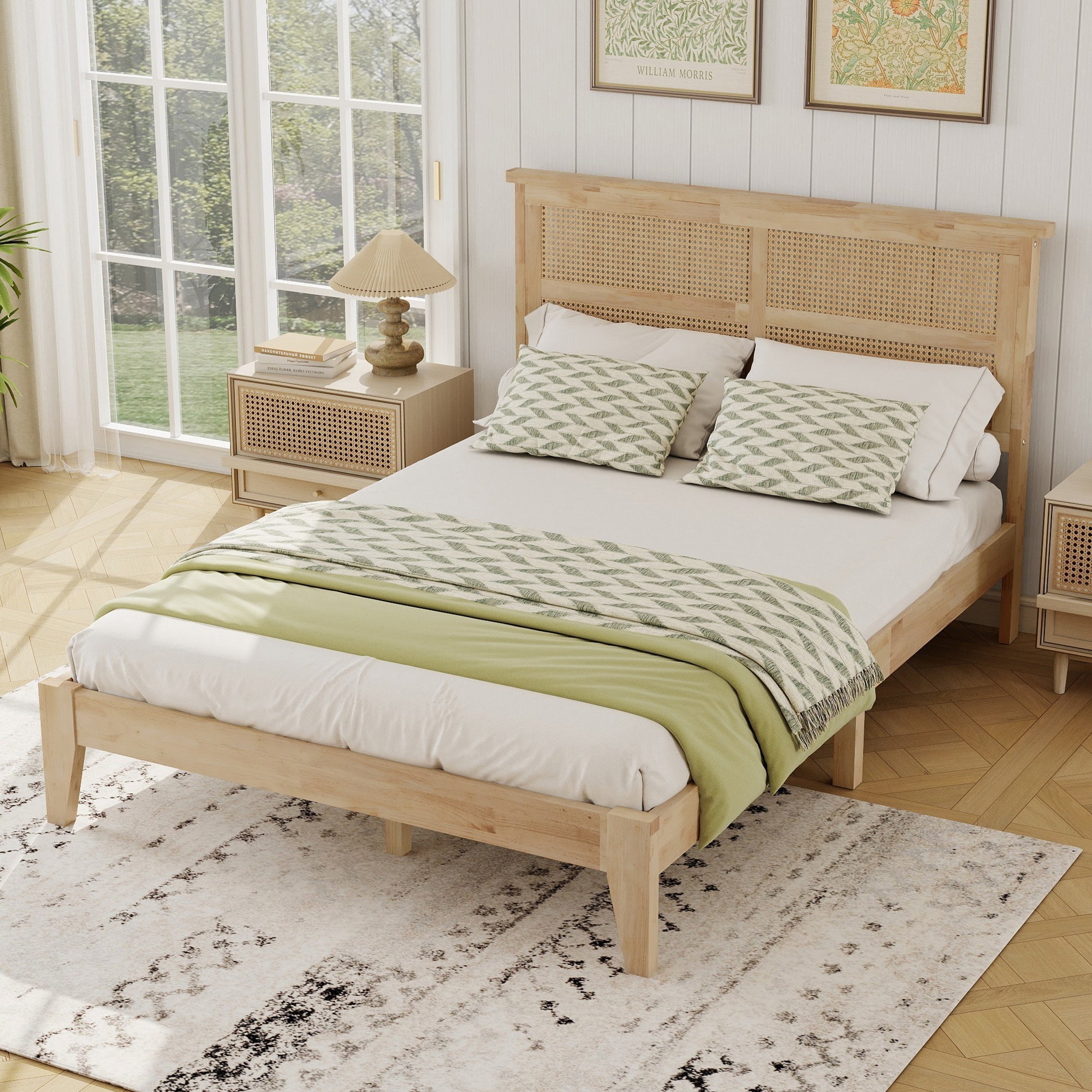 Elara Rubberwood Full Size Bed with Rattan Headboard