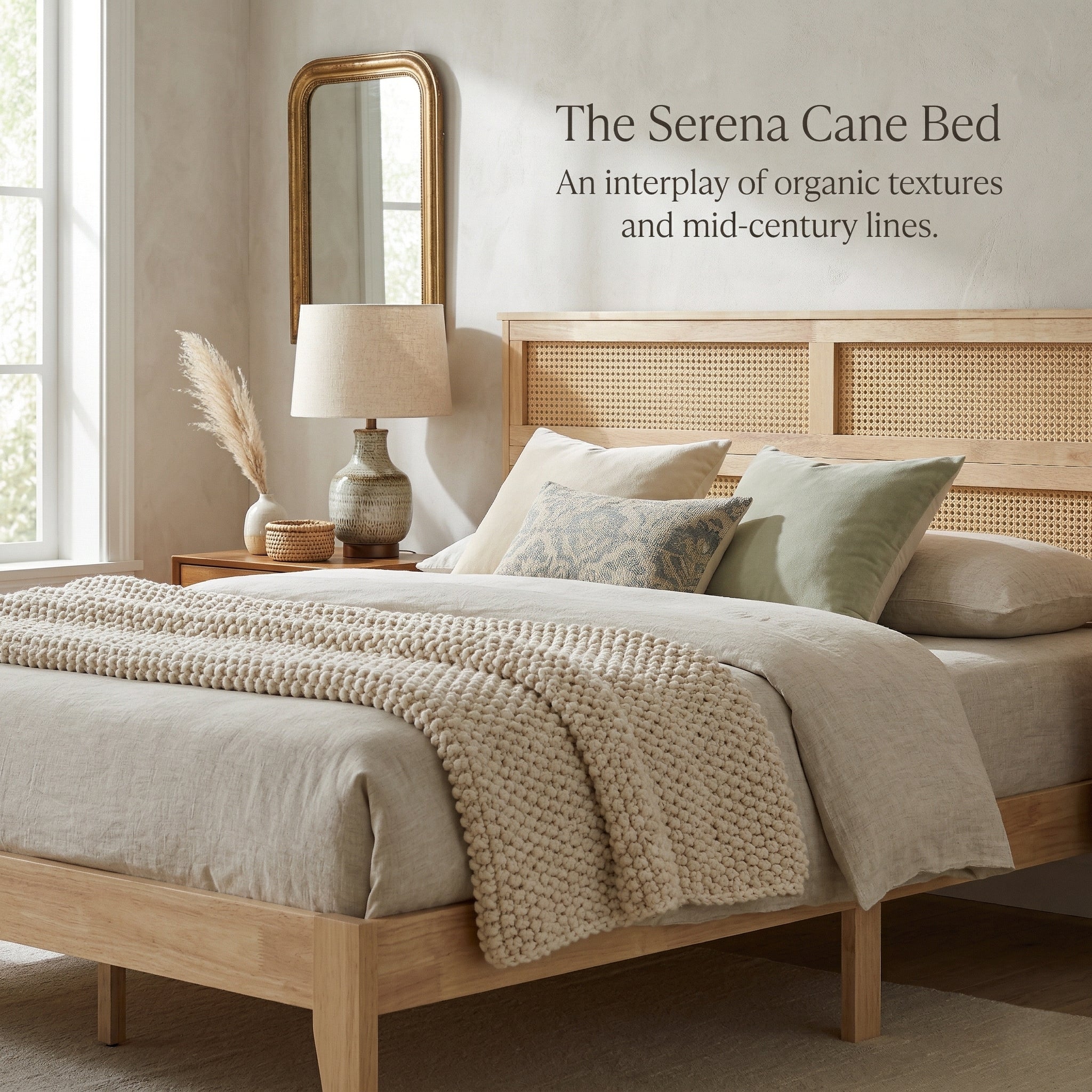 Elara Rubberwood King Size Bed with Rattan Headboard