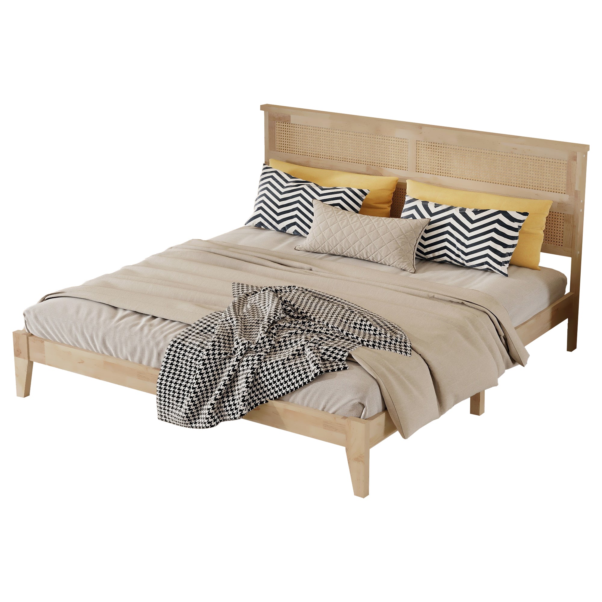 Elara Rubberwood King Size Bed with Rattan Headboard
