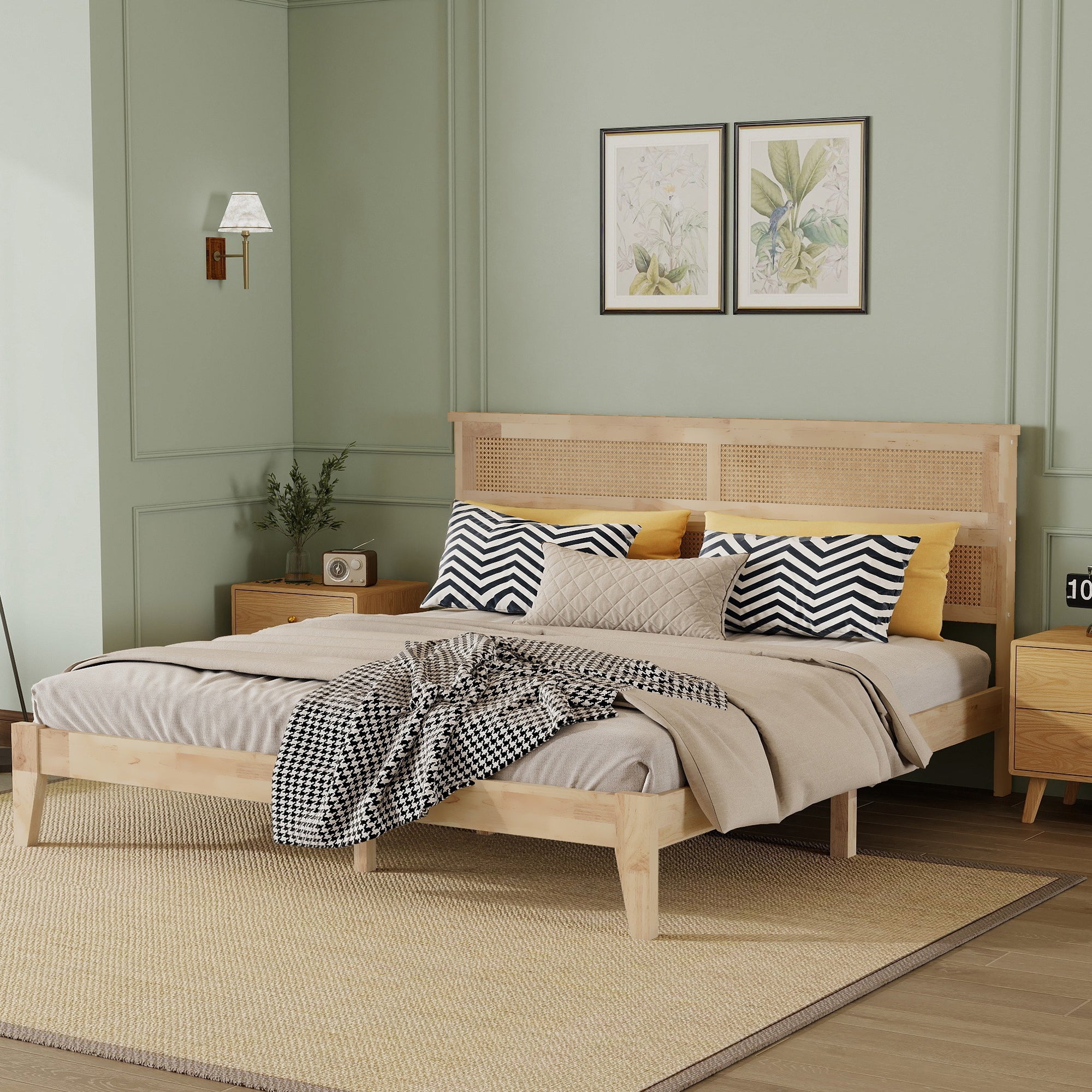 Elara Rubberwood King Size Bed with Rattan Headboard