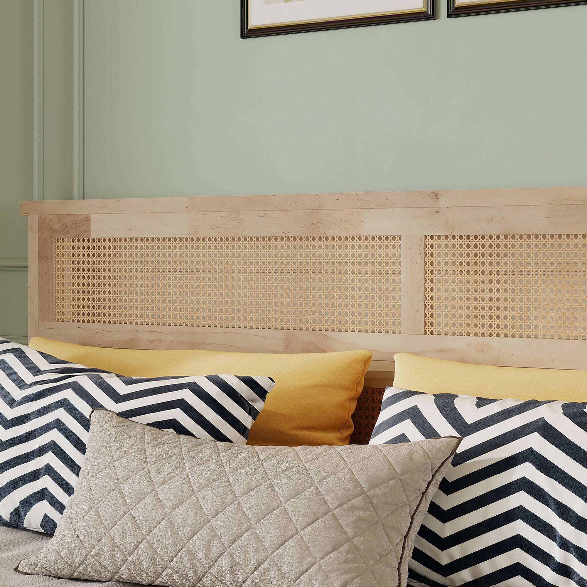 Elara Rubberwood King Size Bed with Rattan Headboard