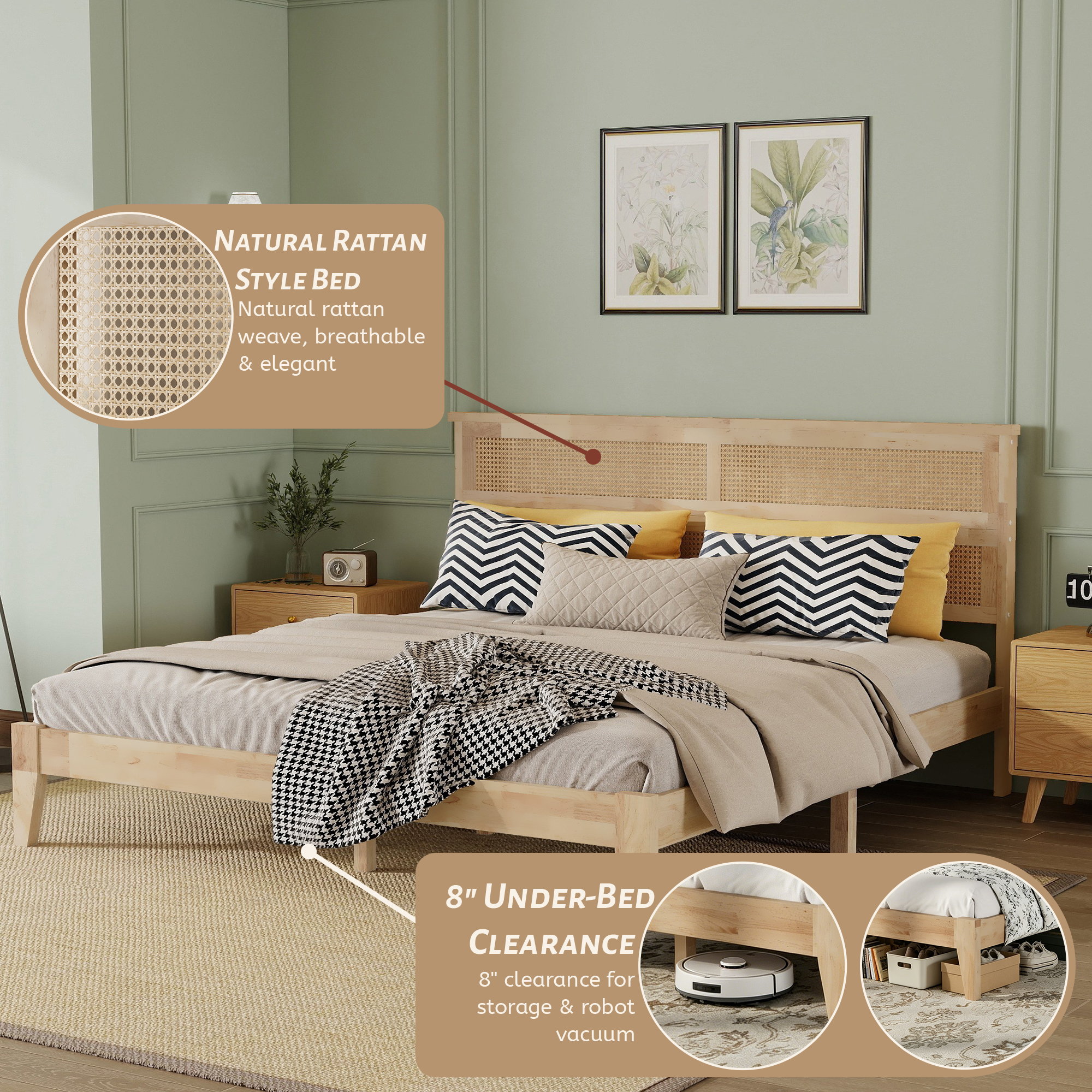 Elara Rubberwood King Size Bed with Rattan Headboard
