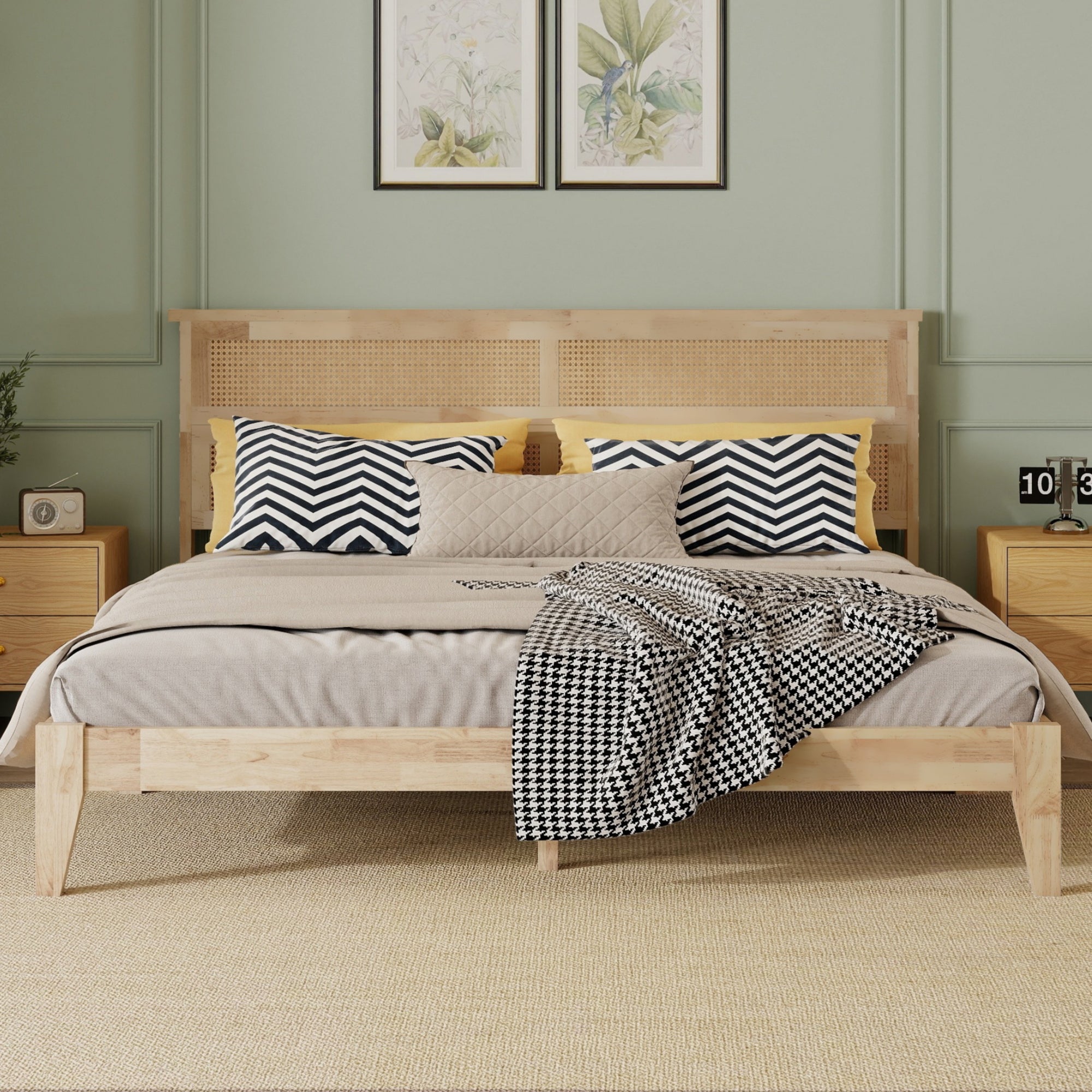 Elara Rubberwood King Size Bed with Rattan Headboard