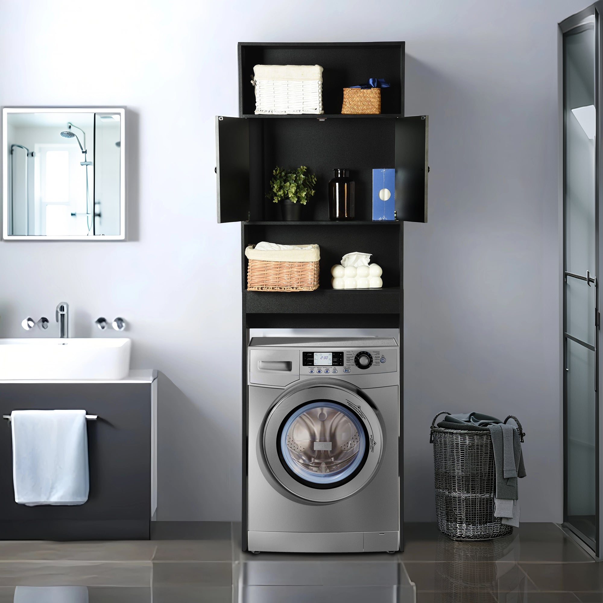 MOHG Over The Toilet Storage Cabinet with Open Shelves Bathroom Organizer Black