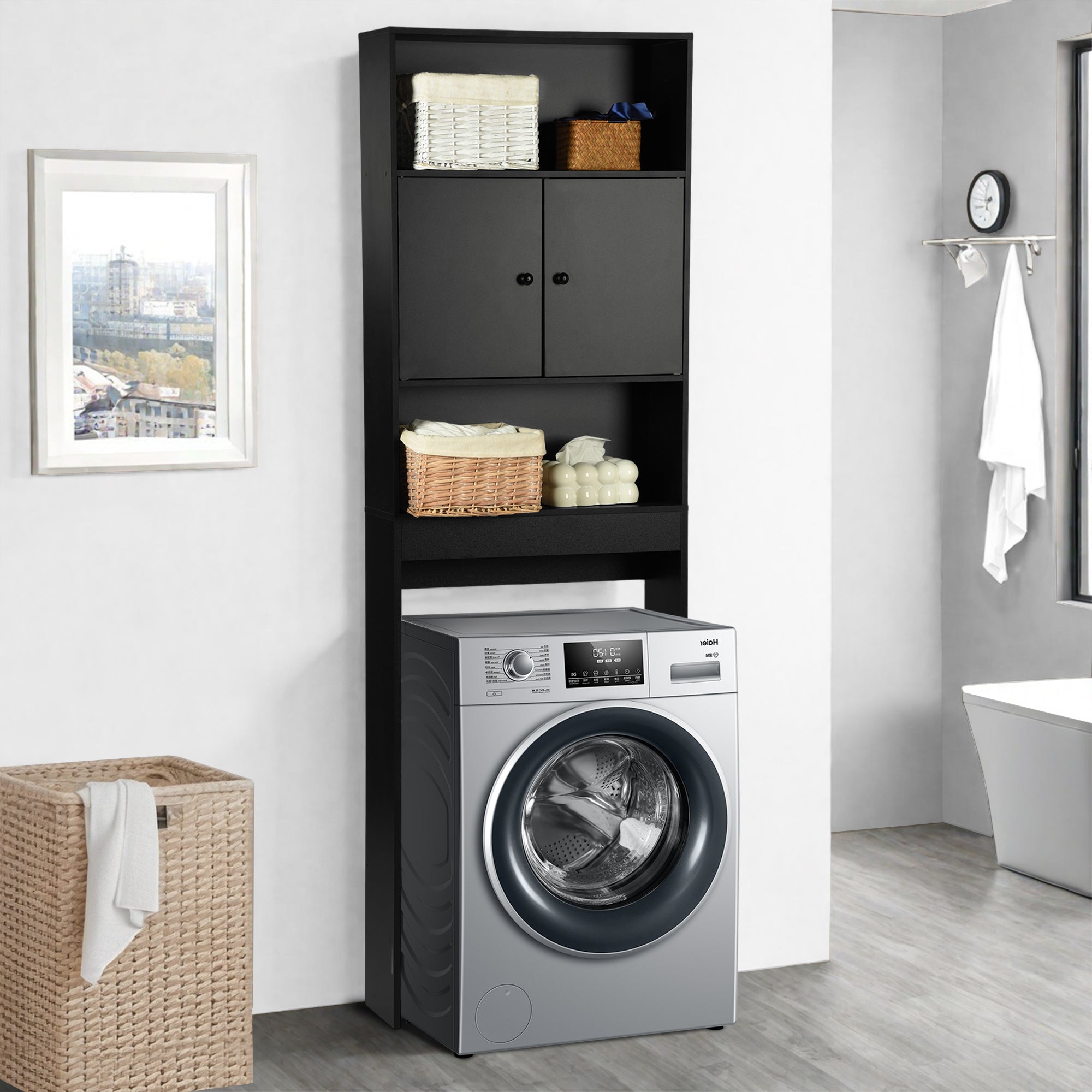 MOHG Over The Toilet Storage Cabinet with Open Shelves Bathroom Organizer Black