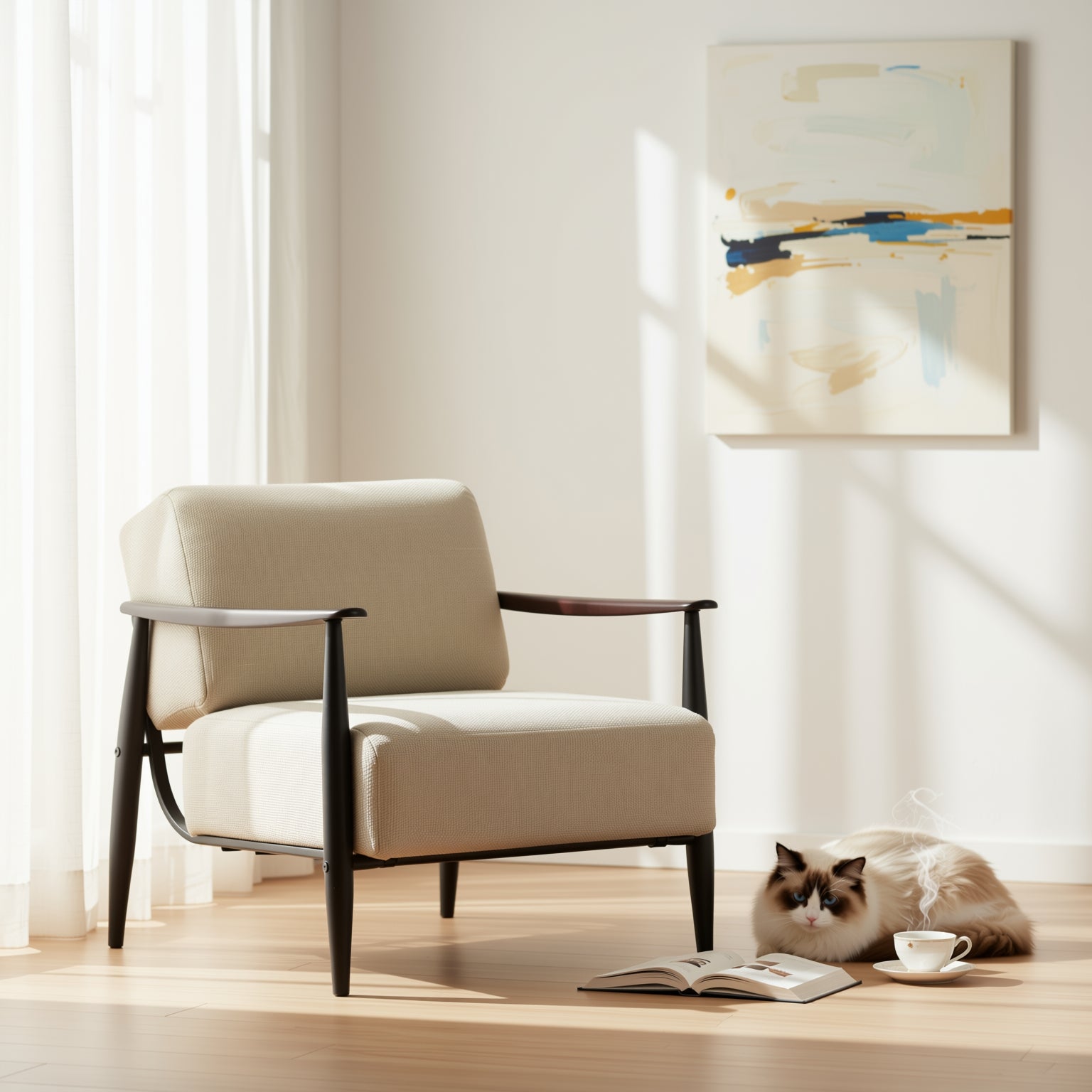 Homy Casa Molica Accent Chair 28" Upholstered Armchair with Solid Wood Arms in Espresso