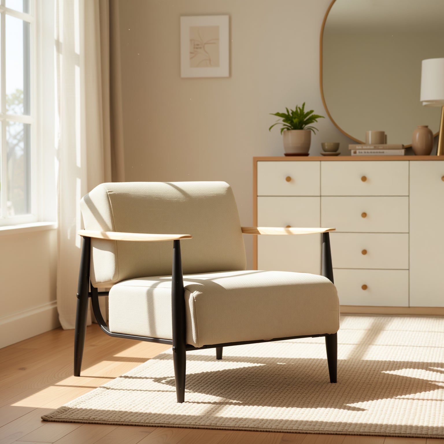 Homy Casa Molica Accent Chair 28" Upholstered Armchair with Solid Wood Arms in Oak