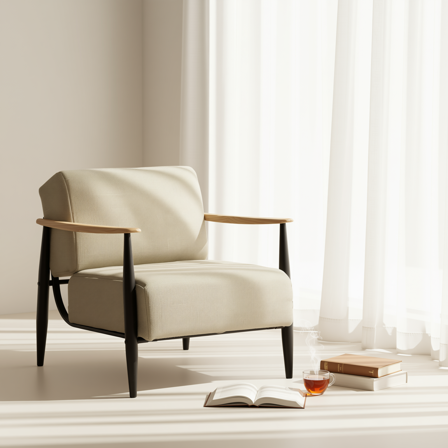 Homy Casa Molica Accent Chair Upholstered Spring Armchair with Solid Wood Arms in Oak Finish