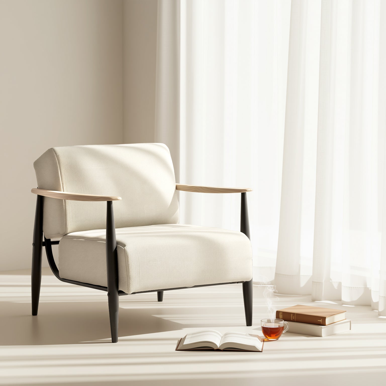 Homy Casa Molica Accent Chair 28" Upholstered Armchair with Solid Wood Arms in Oak