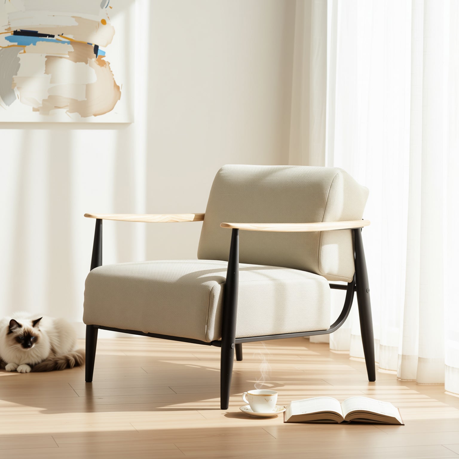 Homy Casa Molica Accent Chair 28" Upholstered Armchair with Solid Wood Arms in Oak